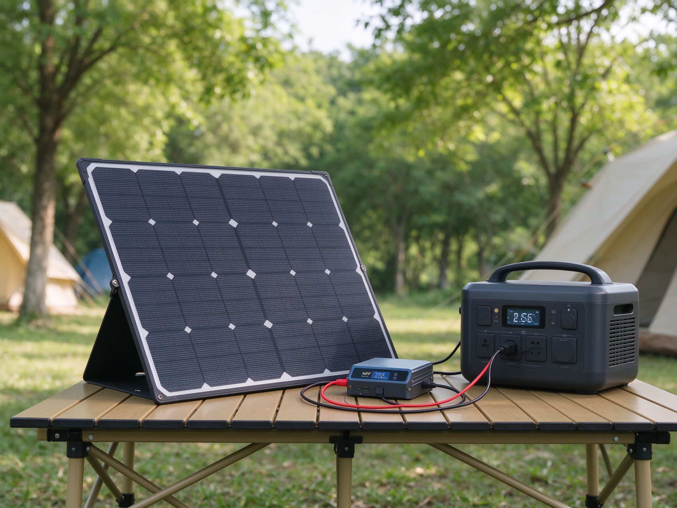 Camping solar setup with a foldable panel, charge controller, and portable power station 