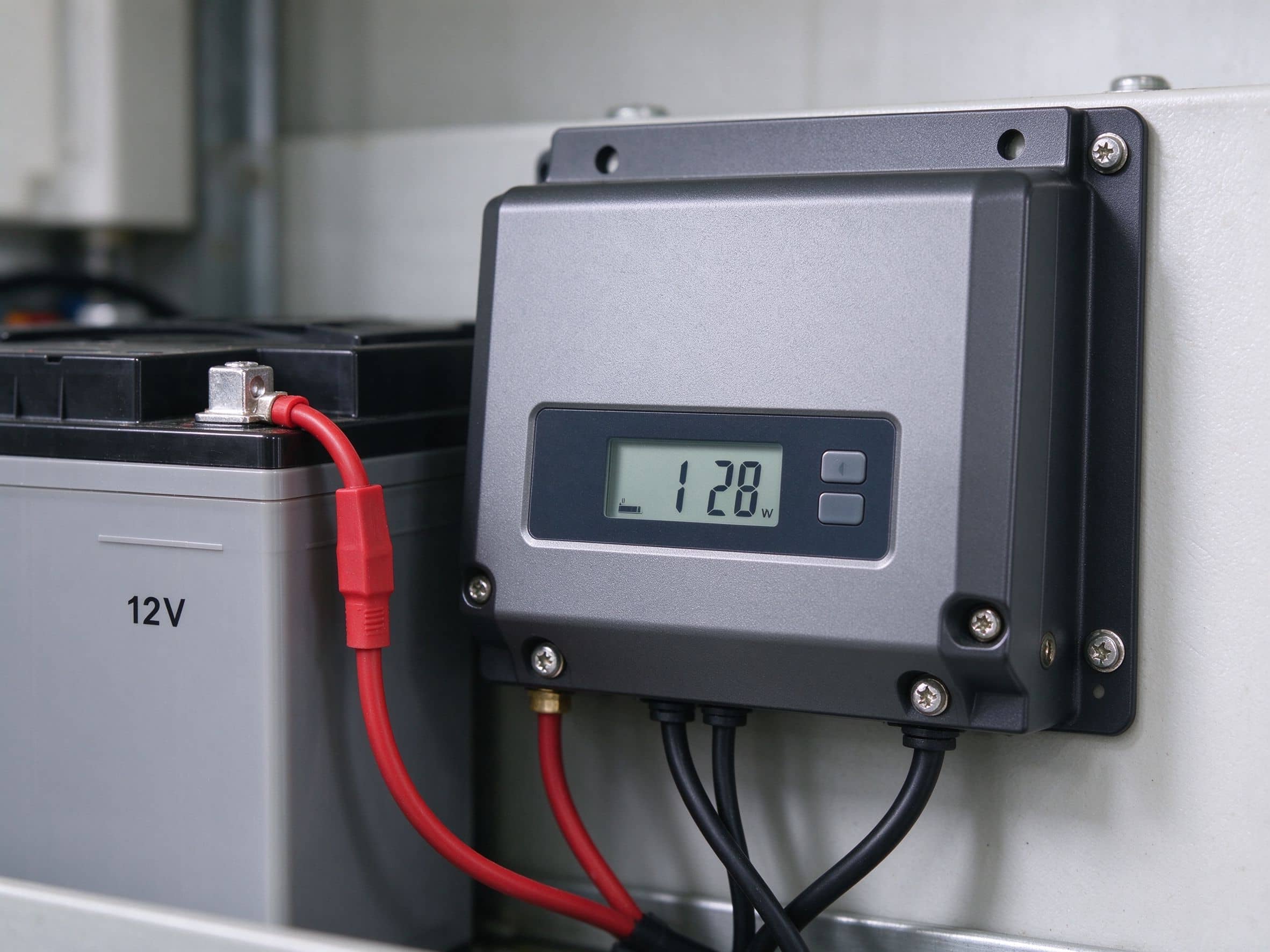 Close-up of an MPPT solar charge controller LCD display showing charging power