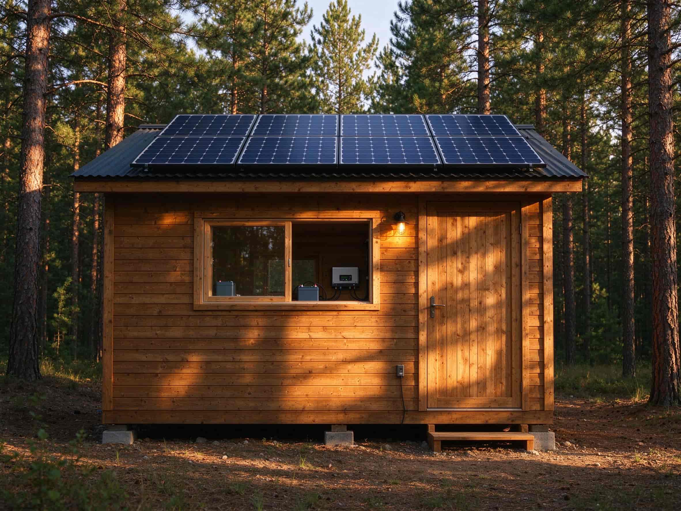 Solar panels on an off-grid cabin roof powering a battery bank through a charge controller