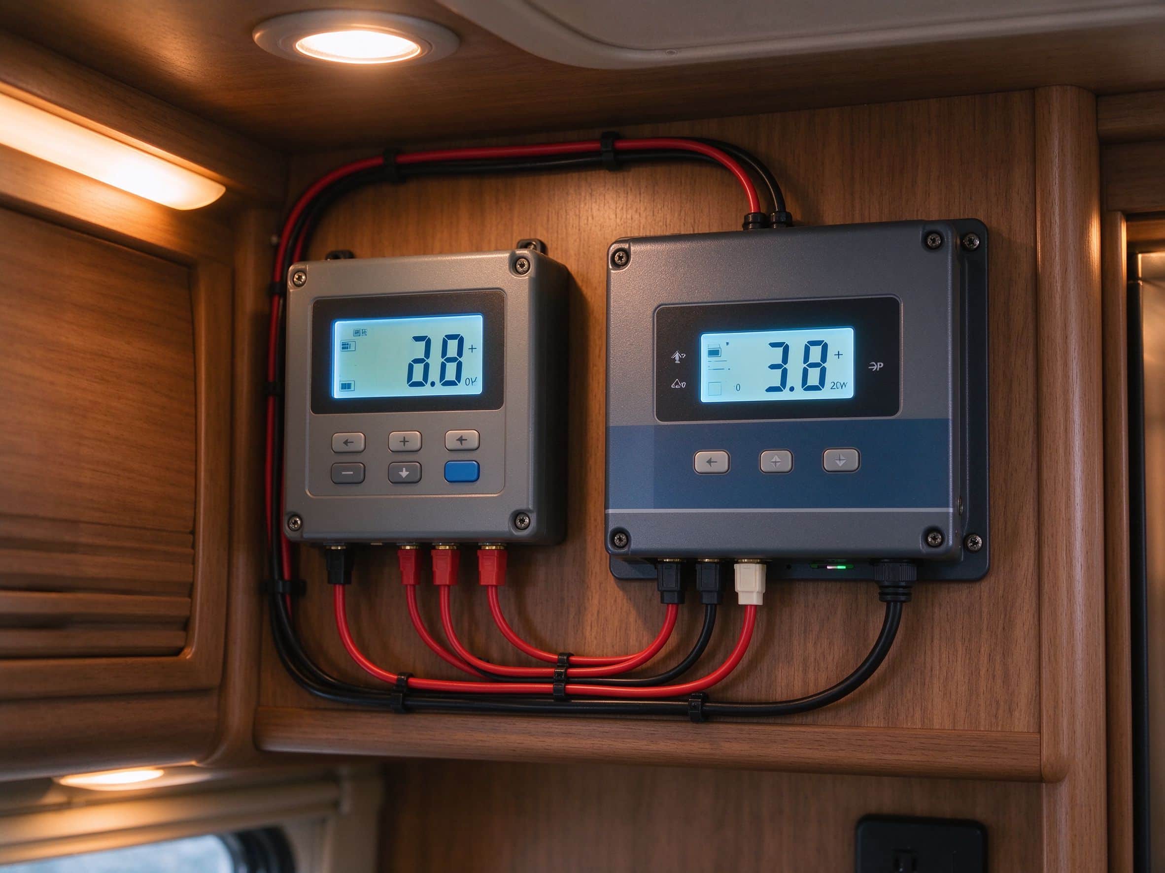 Battery monitor showing charging status in an RV solar system