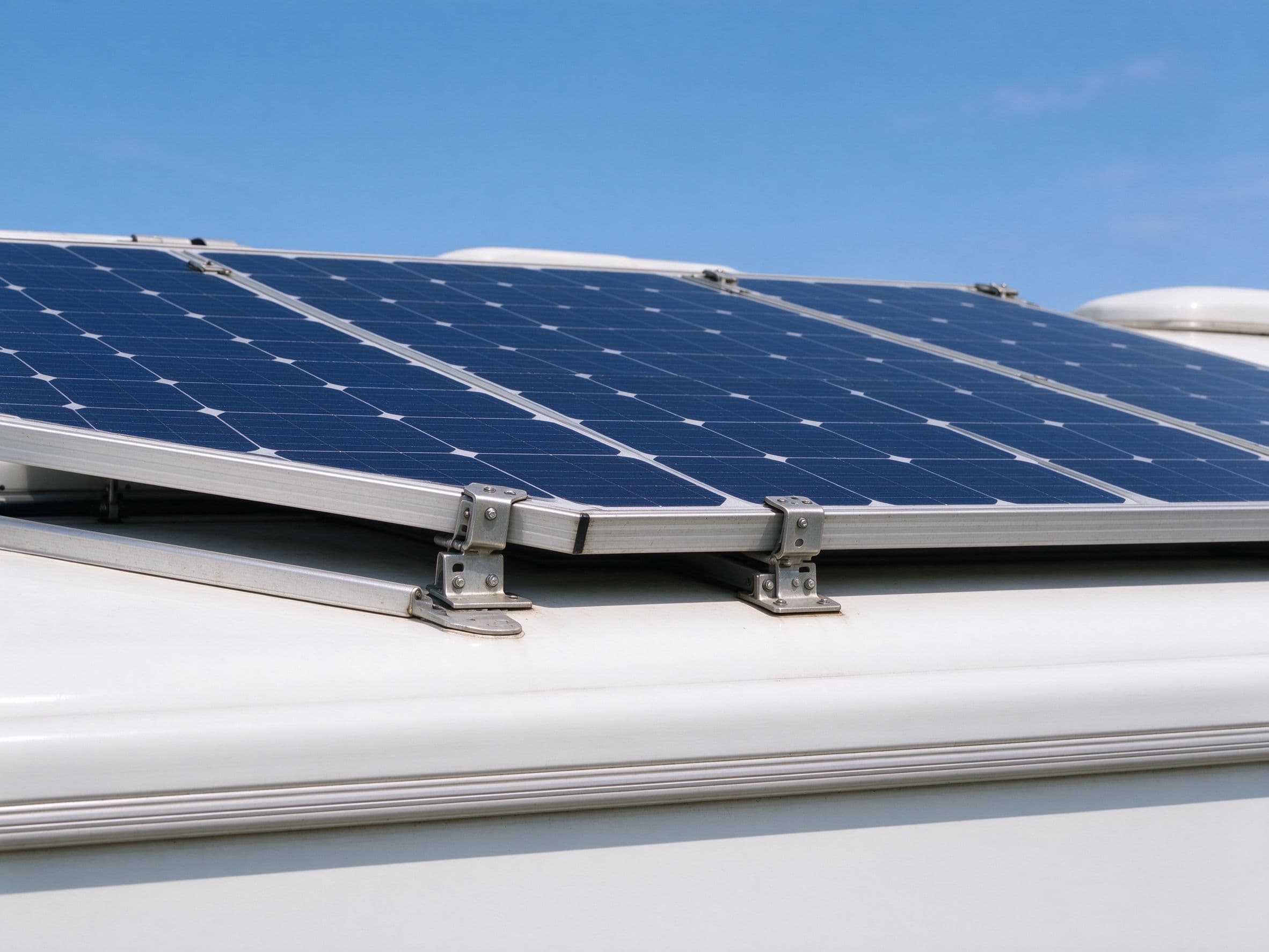 Solar panel mounted on an RV roof with mounting brackets