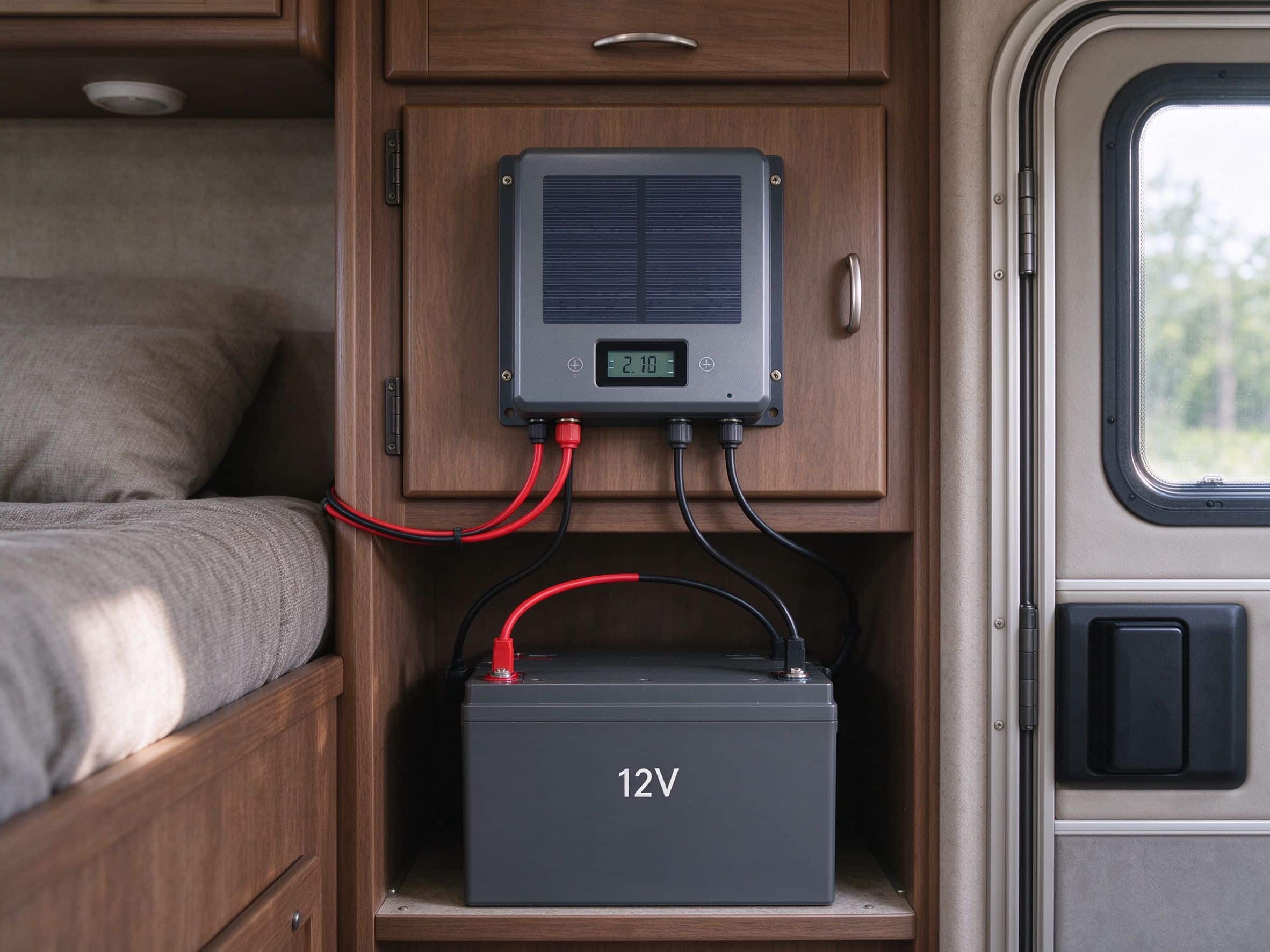 RV solar for beginners setup with a charge controller connected to a battery