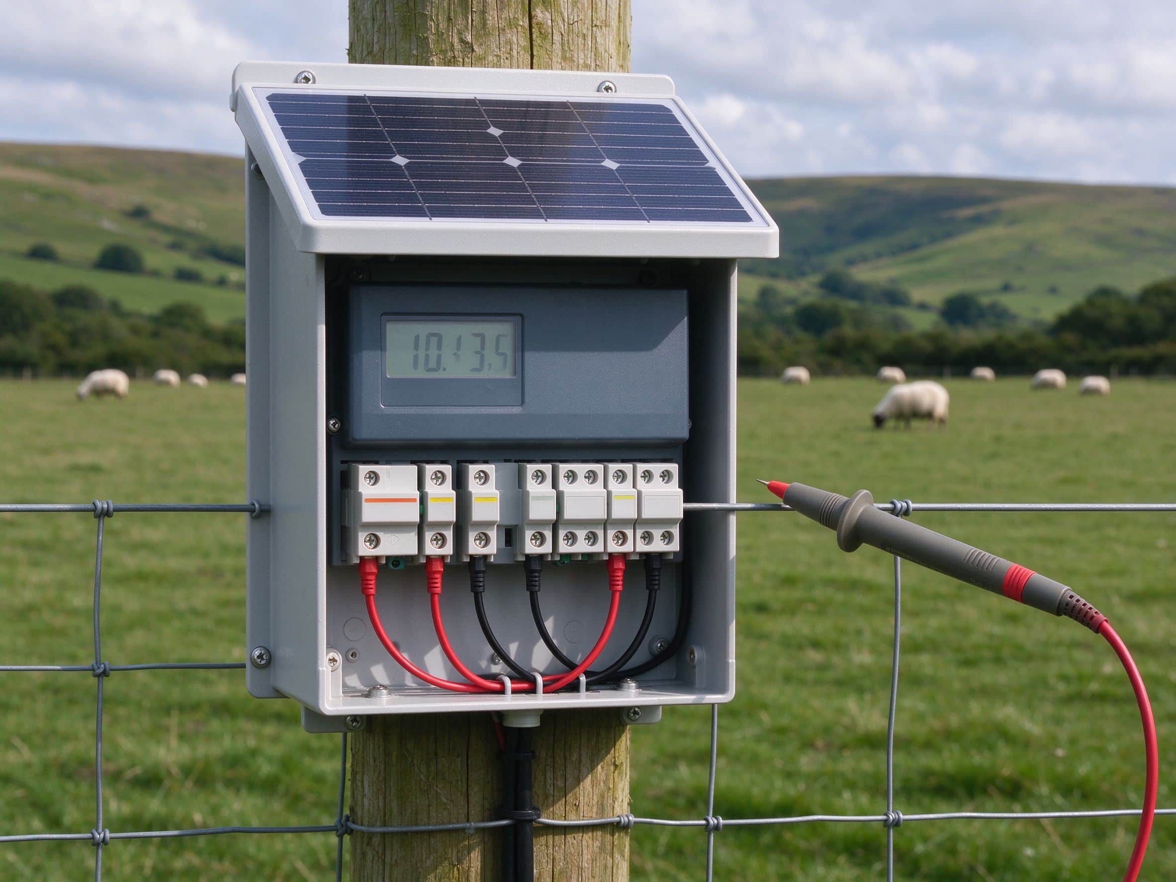 Solar fence controller box with multimeter testing fence voltage in a sheep pasture