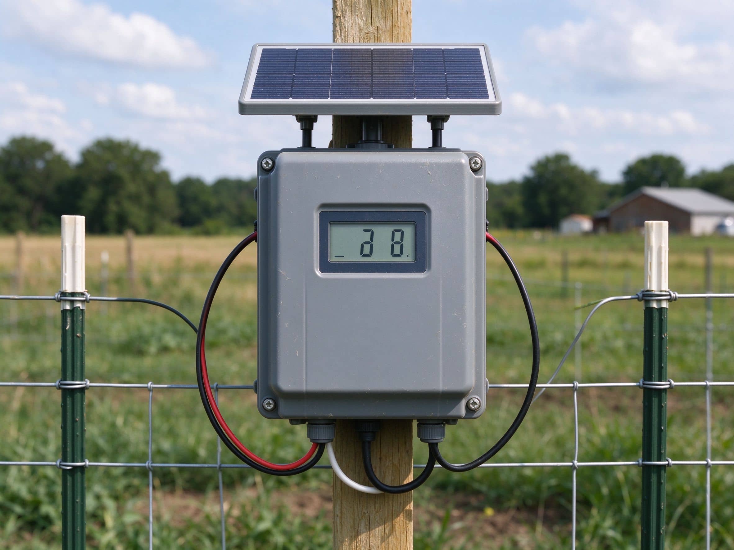 Solar electric fence energizer box with small panel and LCD display mounted on a T-post