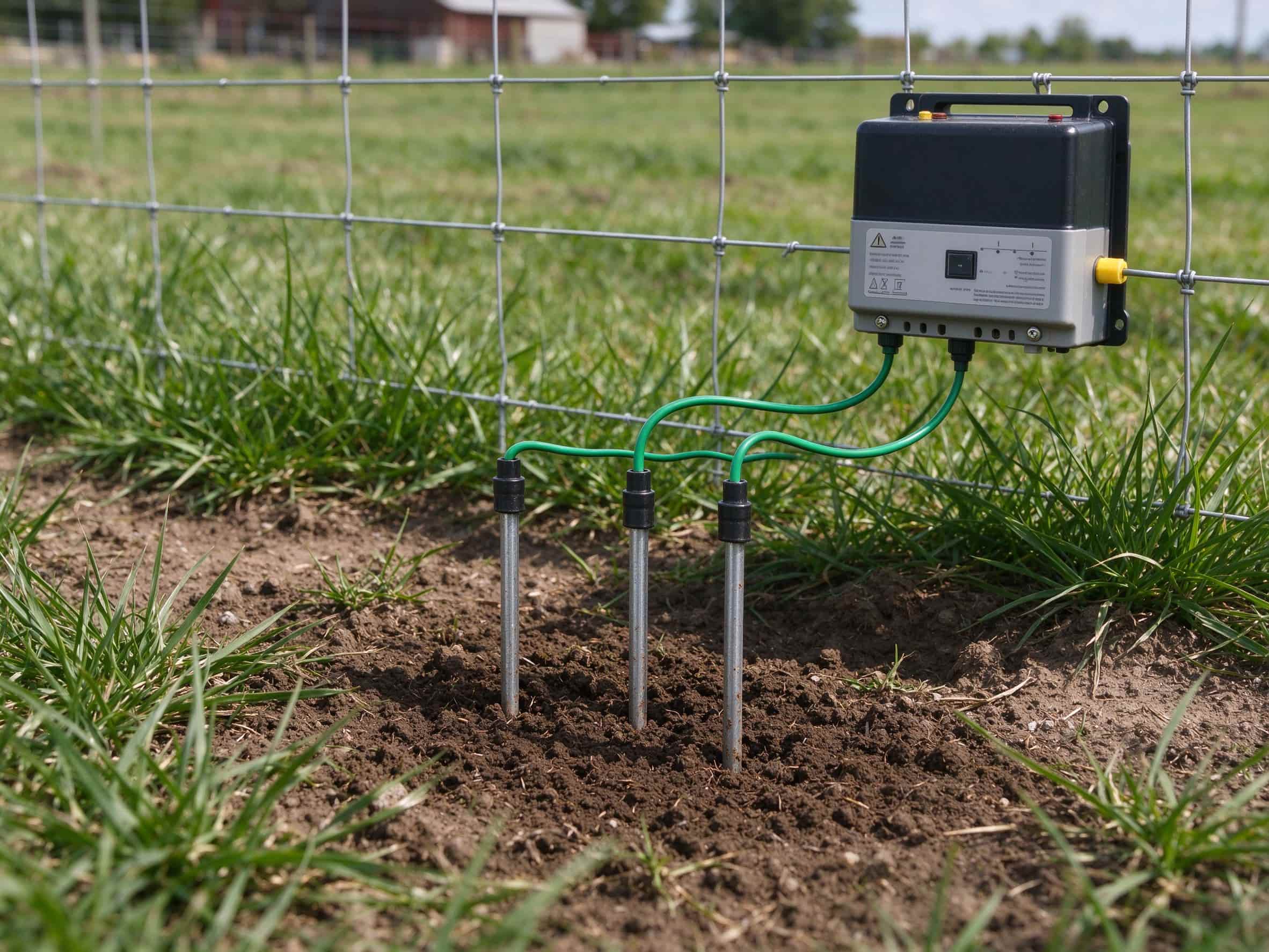 Electric fence ground rods driven into soil connected to a solar fence charger