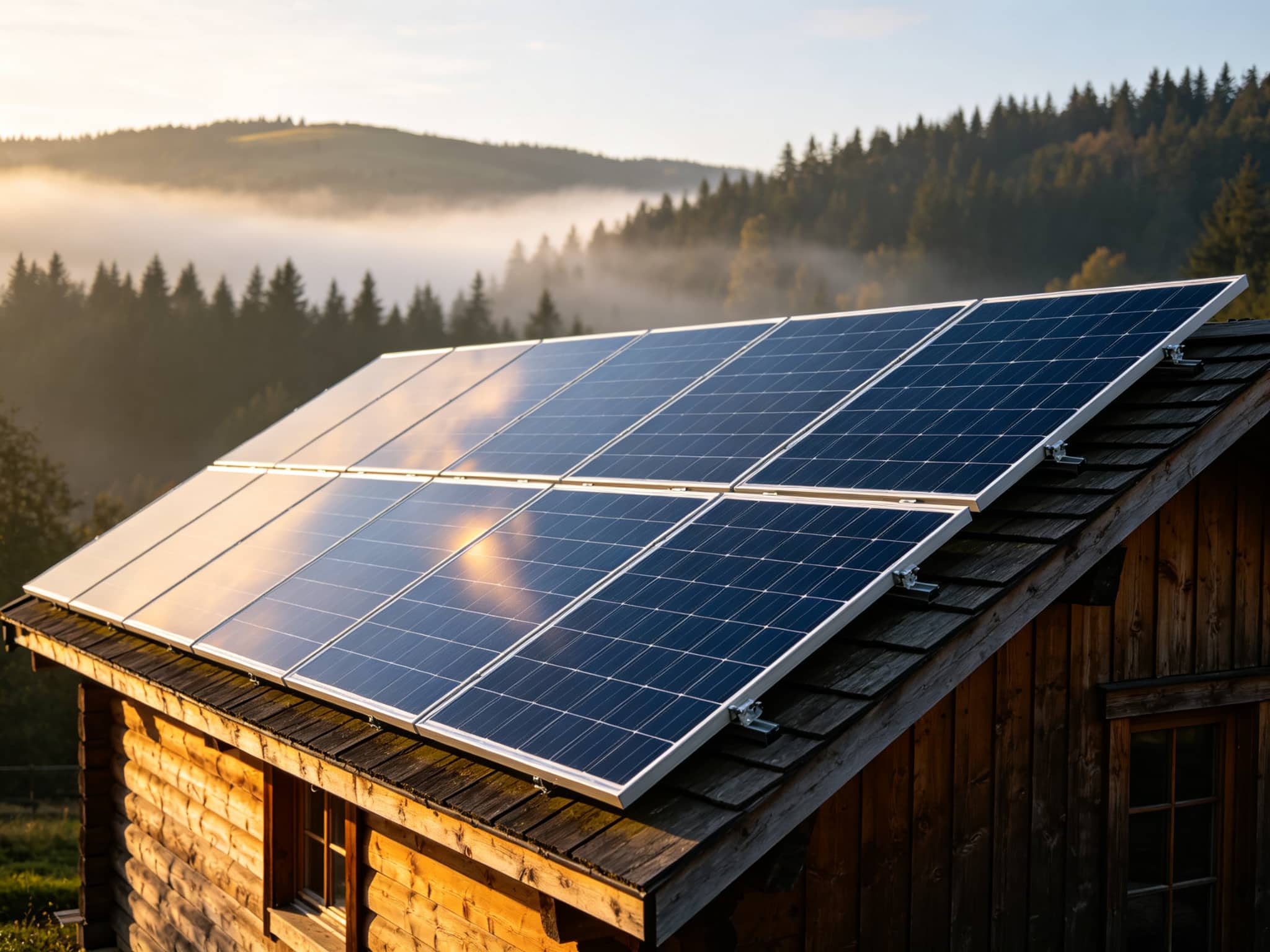 Close view of blue monocrystalline solar panels with aluminum frames on a cabin roof in morning light