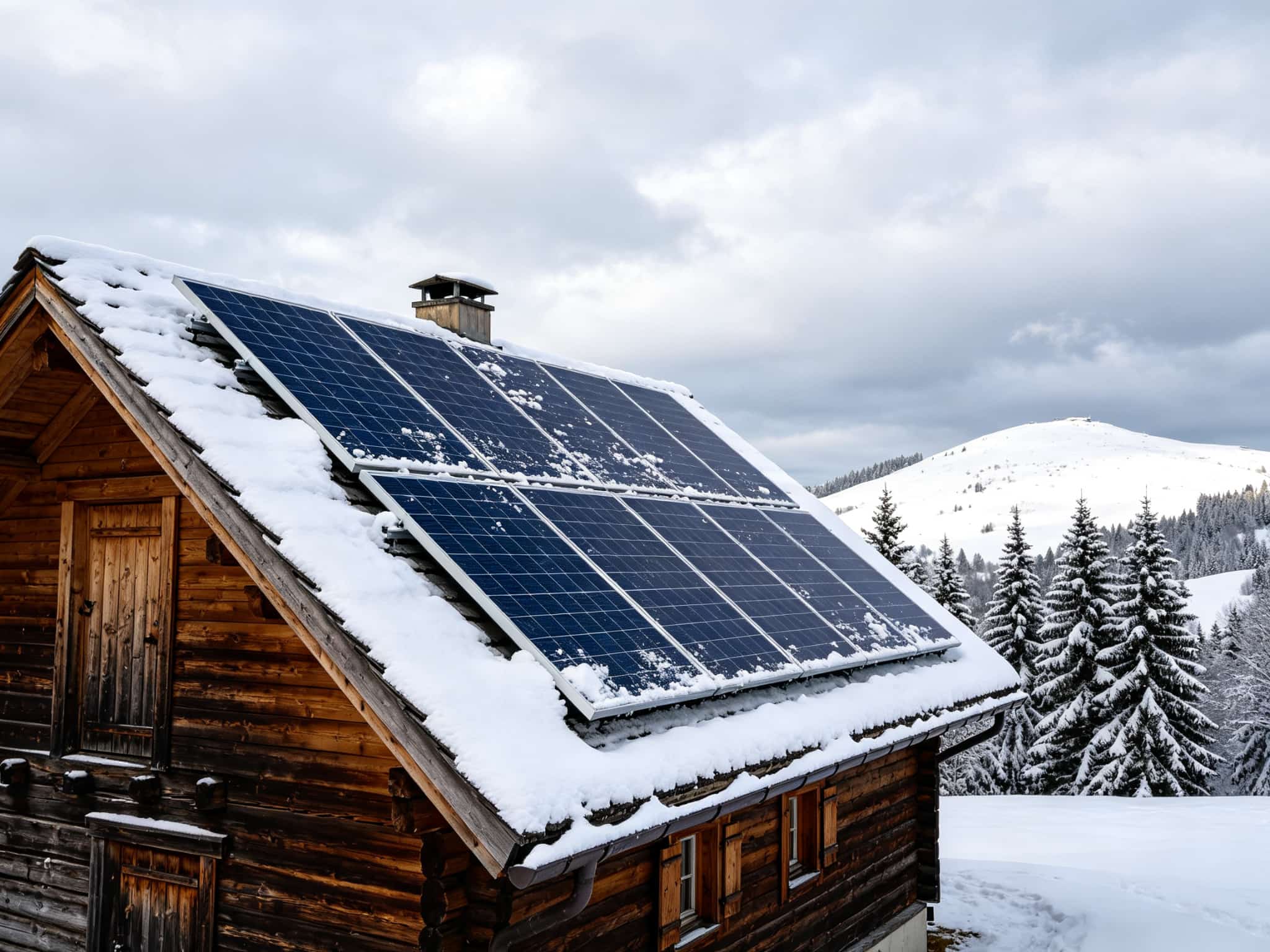 Cabin rooftop solar panels dusted with light snow in a quiet winter forest landscape with tall pine trees