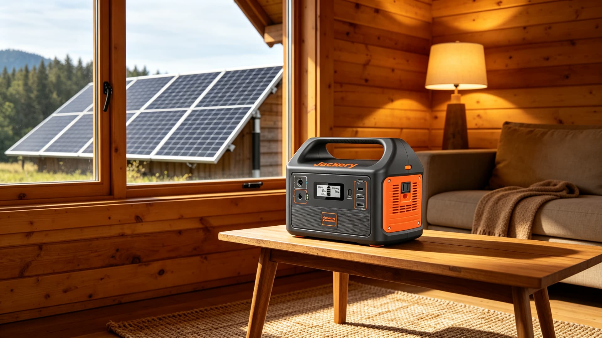 Portable LFP power station with a round display and AC and USB outlets on a wooden cabin table