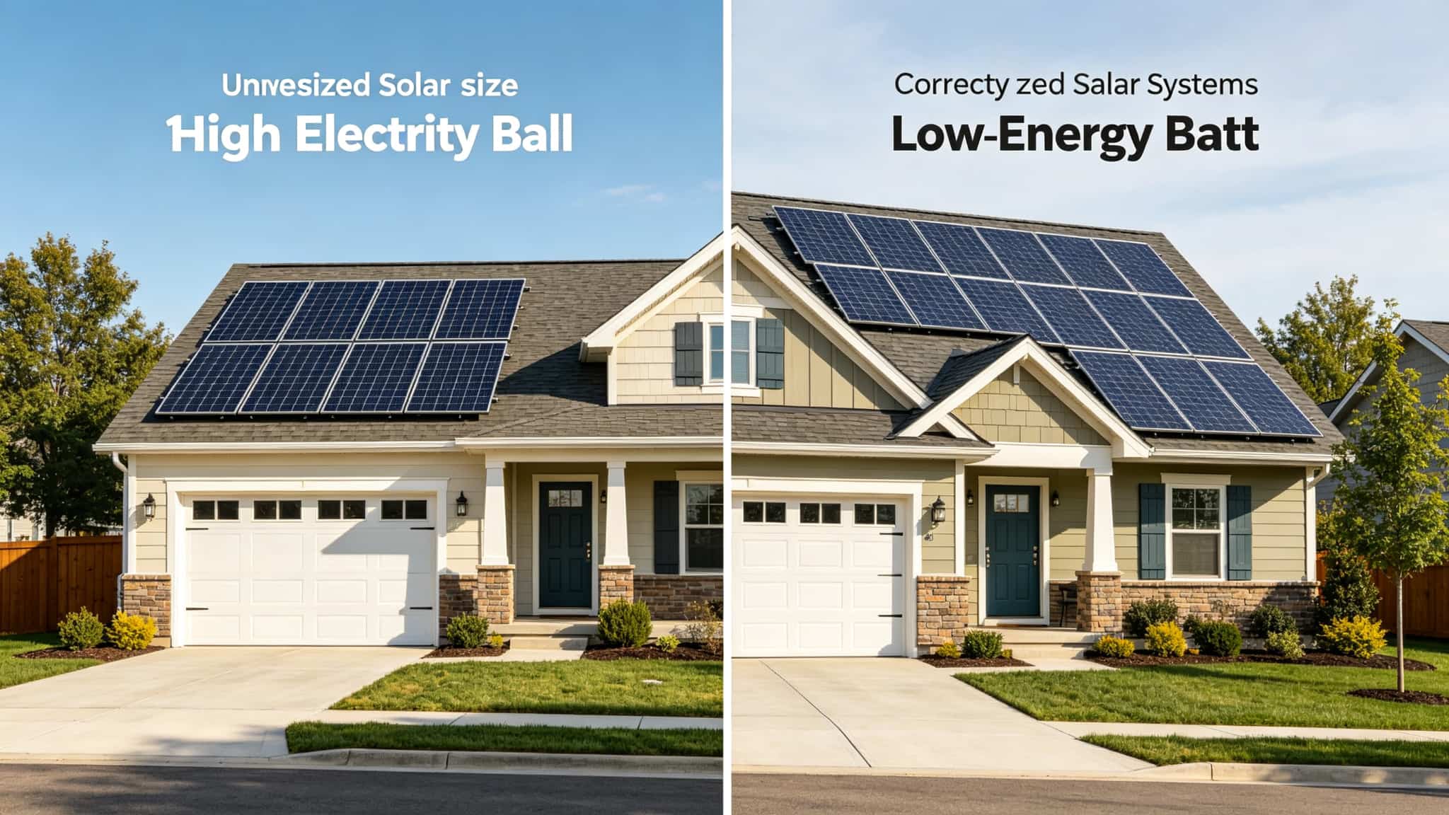 Side by side comparison of an undersized solar system with high electricity bill versus a correctly sized solar system with low energy bill on residential homes