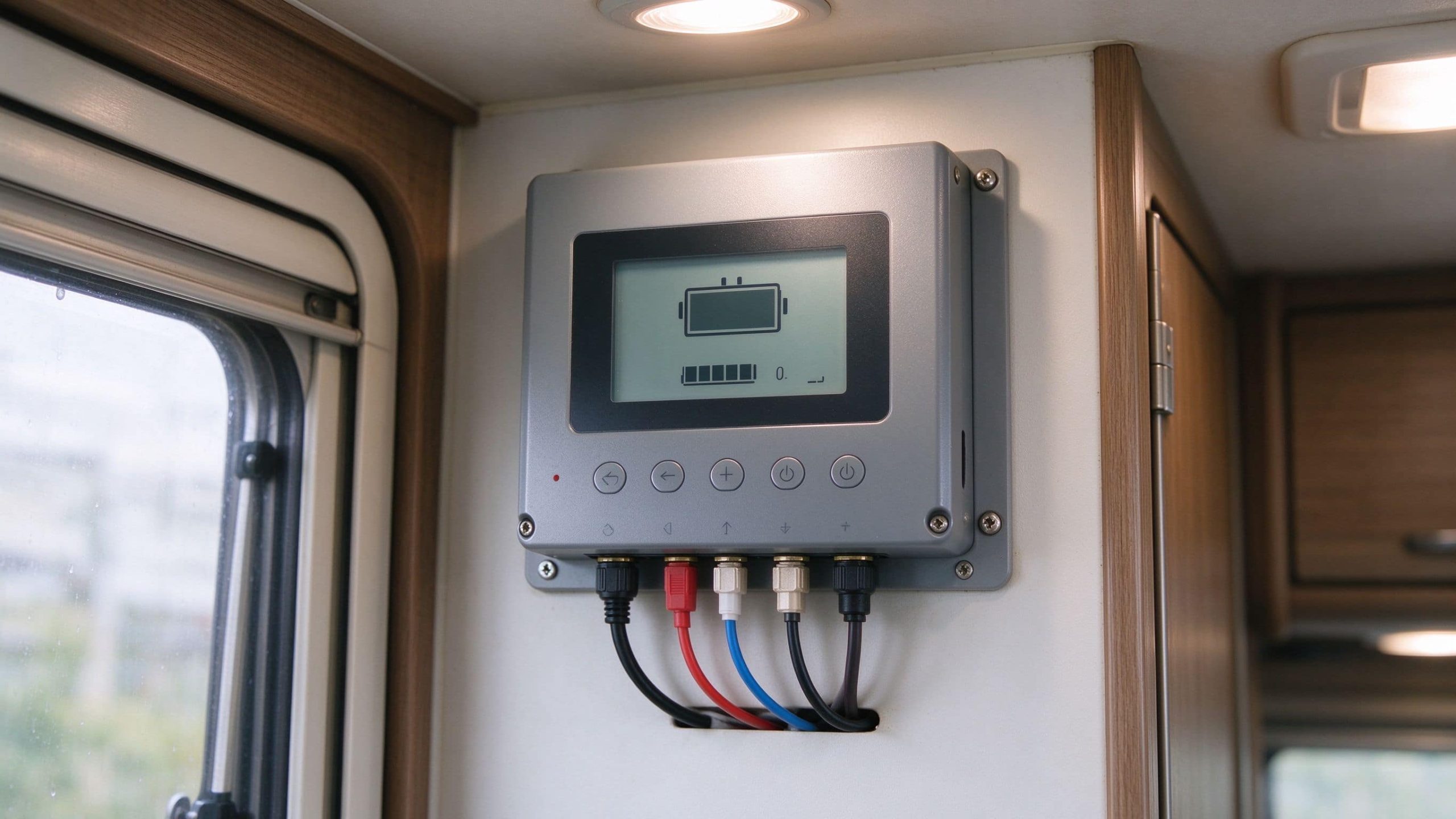 Close-up of an RV solar charge controller showing battery status and charge indicators.