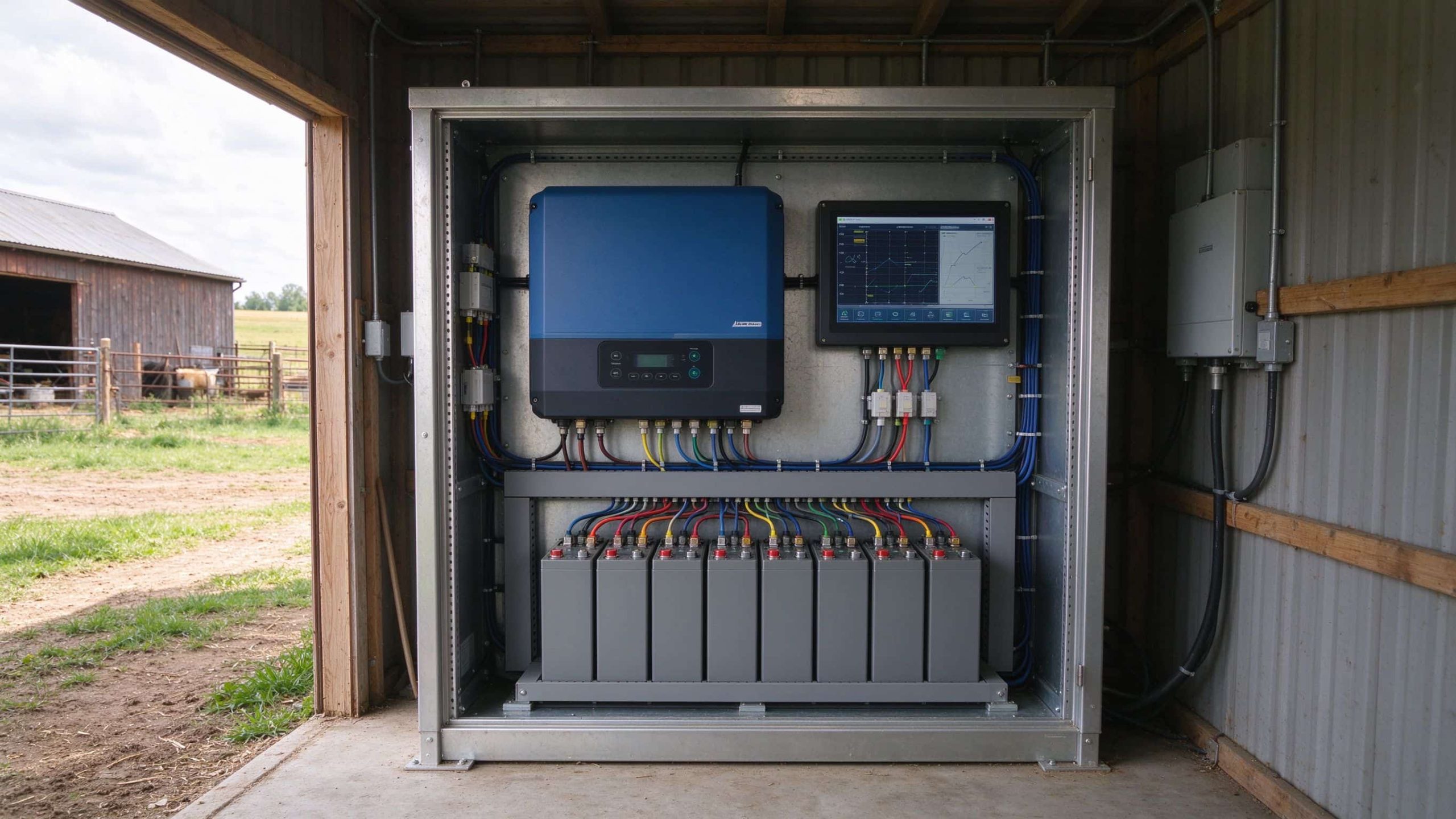 Farm electrical cabinet containing solar inverter, battery bank, and monitoring screen.