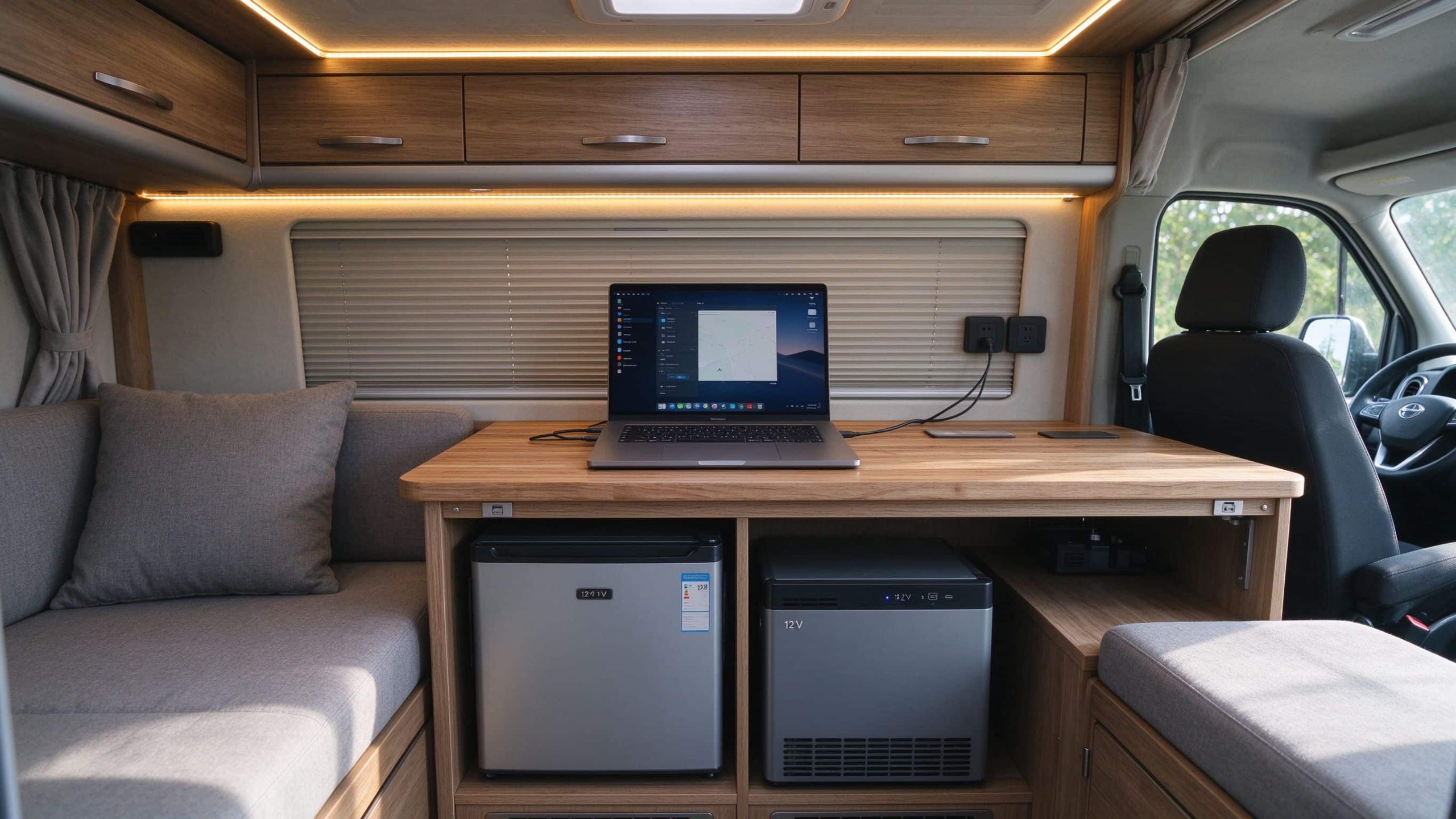  Camper van interior workbench with open laptop, 12V fridge and LED lighting.