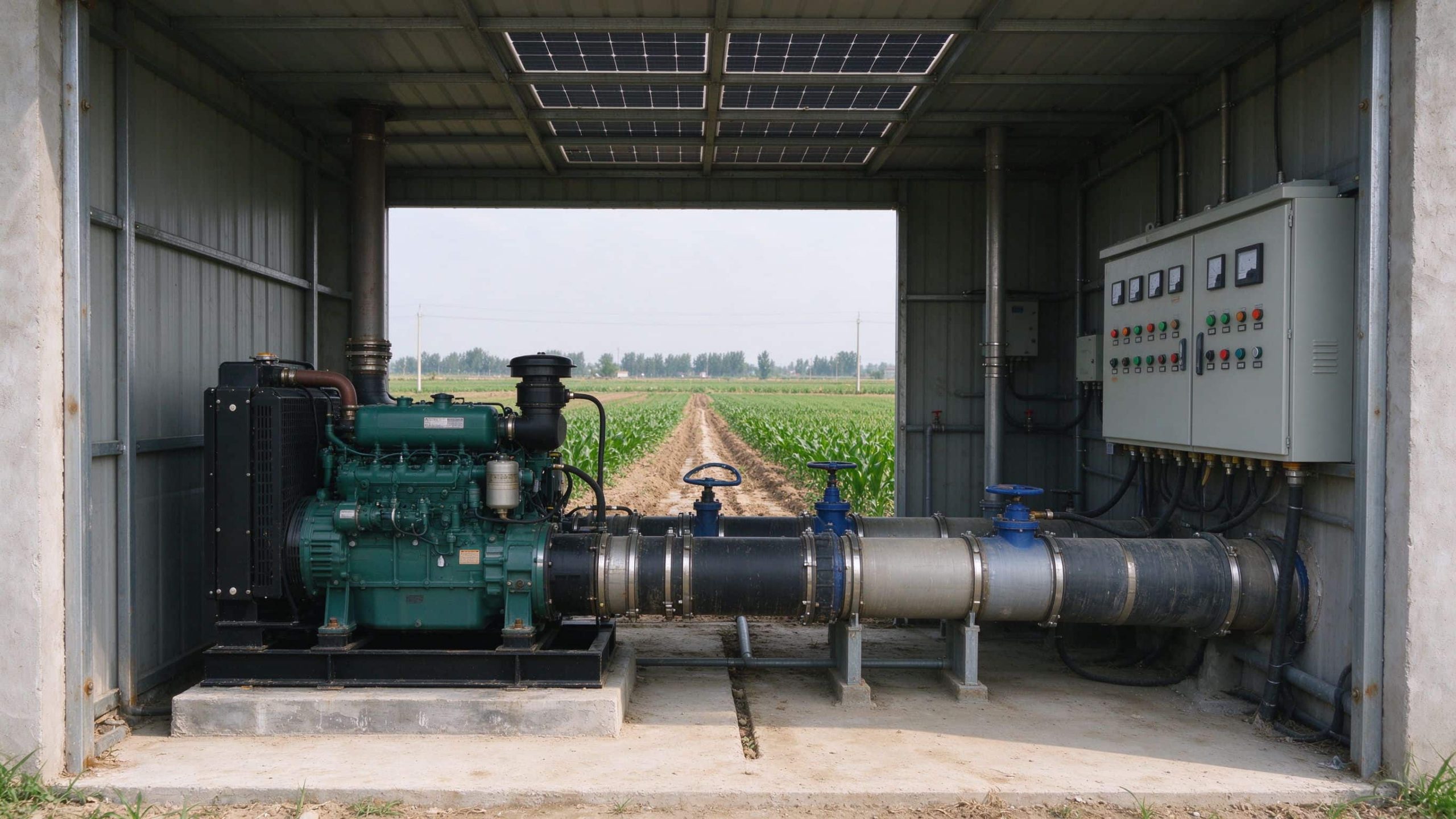 Farm pump house containing a diesel generator, large pipes, and solar-fed electrical controls.
