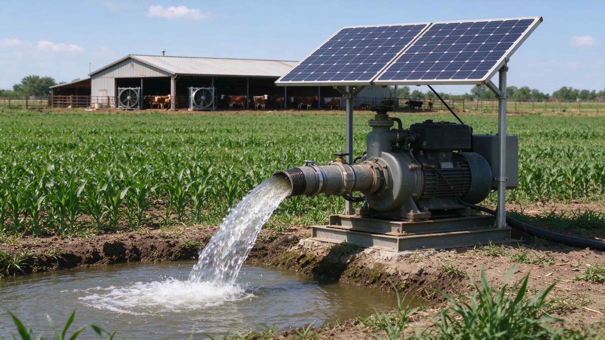  Solar-powered irrigation pump running water into a crop field with a livestock barn behind.