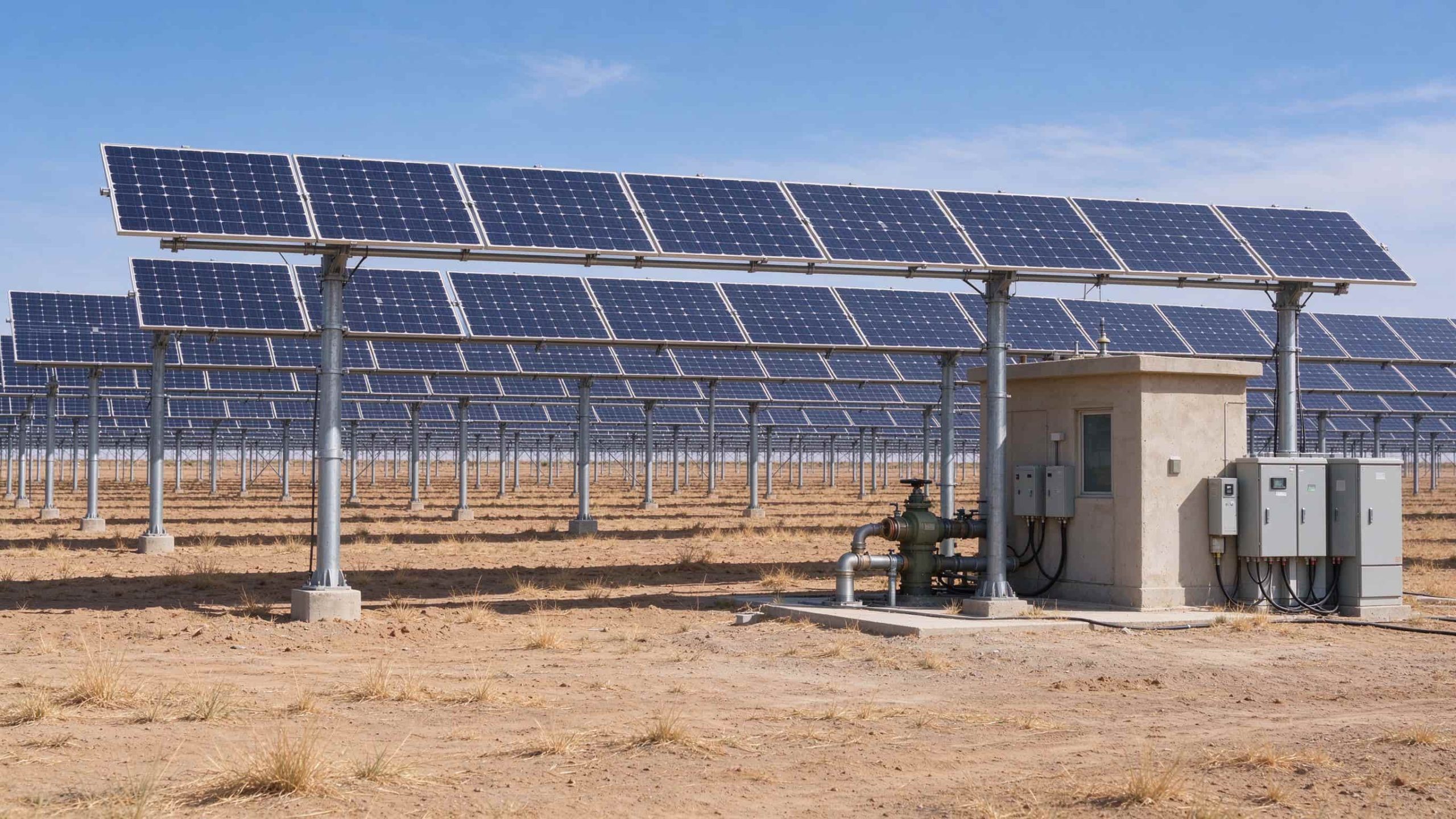 Single-axis solar trackers with a nearby pump house and electrical control cabinets.