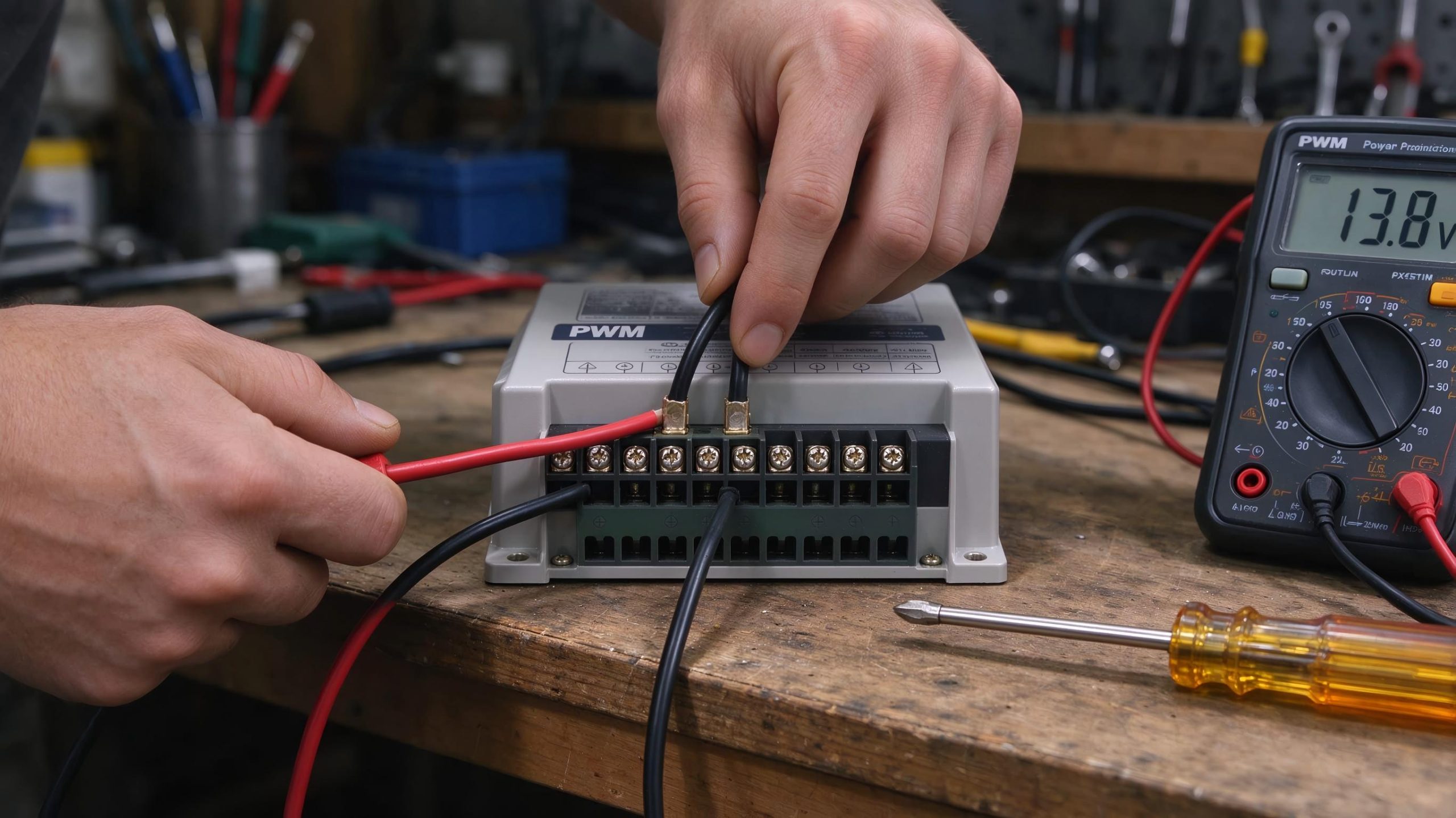 Close-up of a PWM solar charge controller terminal block with red and black cables connected and a multimeter showing 13.8V