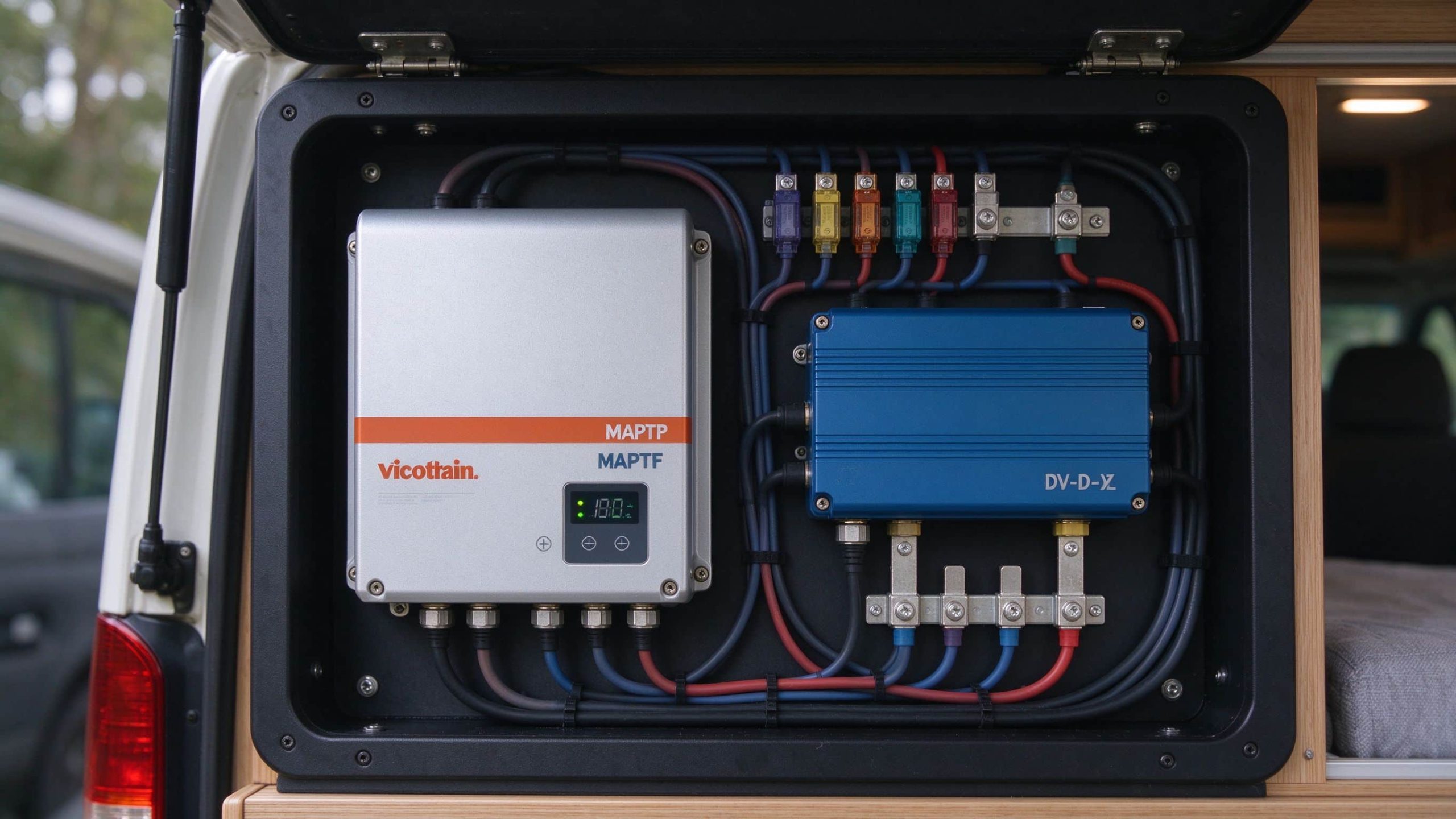 Camper van electrical bay with MPPT solar charge controller and DC-DC charger neatly wired.
