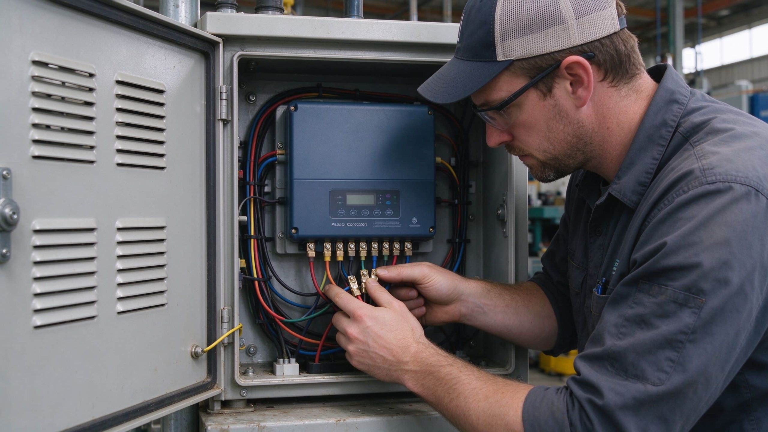 Technician inspecting cable lugs and ventilation around a solar charge controller in an enclosure.