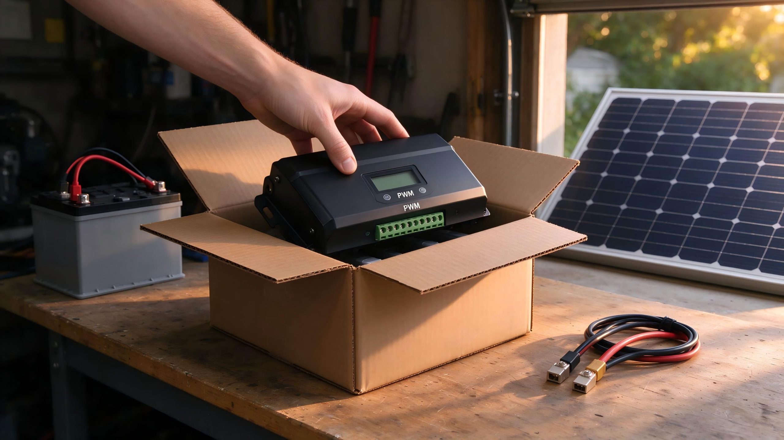 Hand picking a 30A PWM solar charge controller from an open cardboard box on a garage workbench with a solar panel in the background