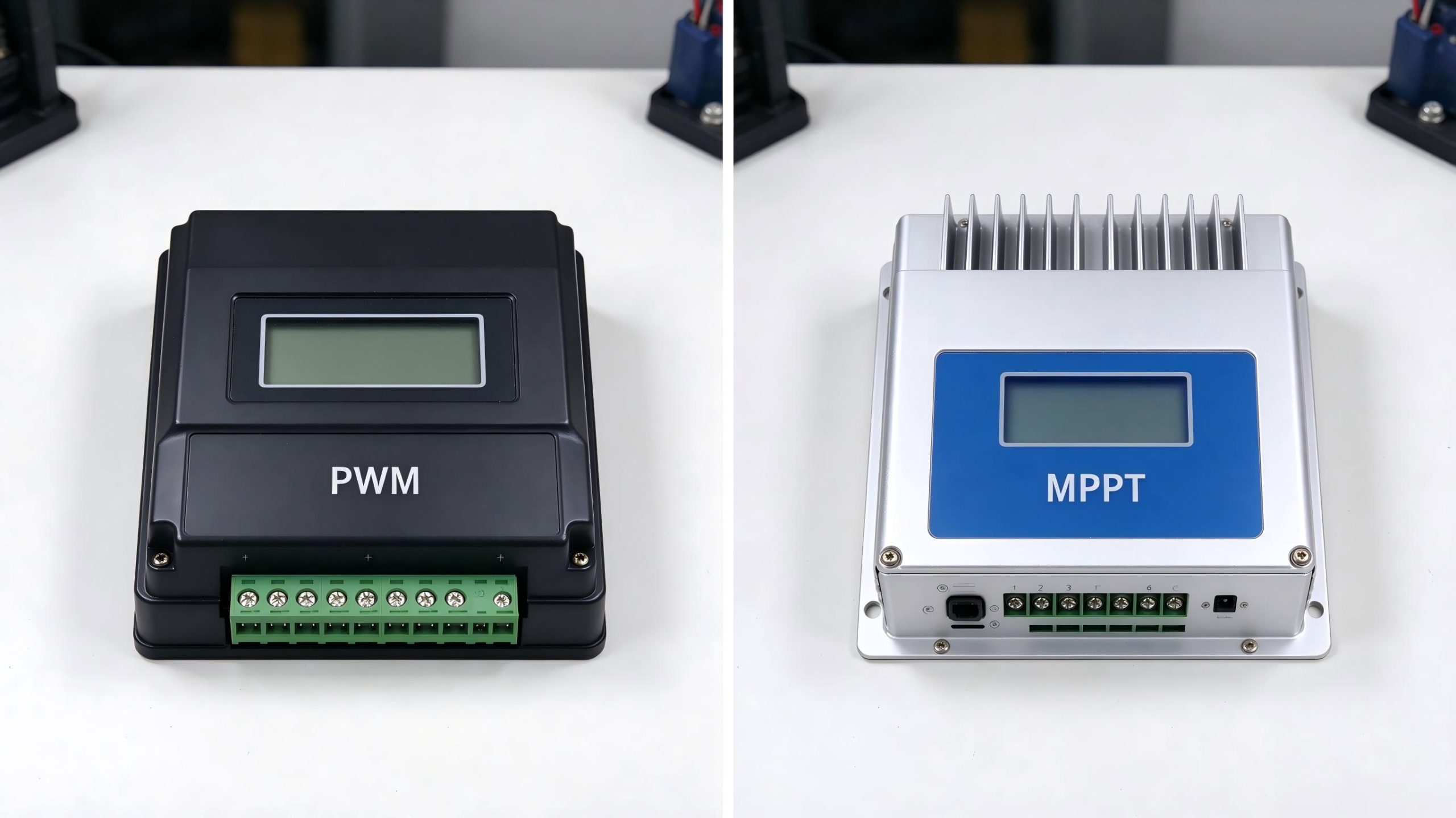 Side-by-side flat lay of a black PWM charge controller on the left and a silver MPPT charge controller on the right