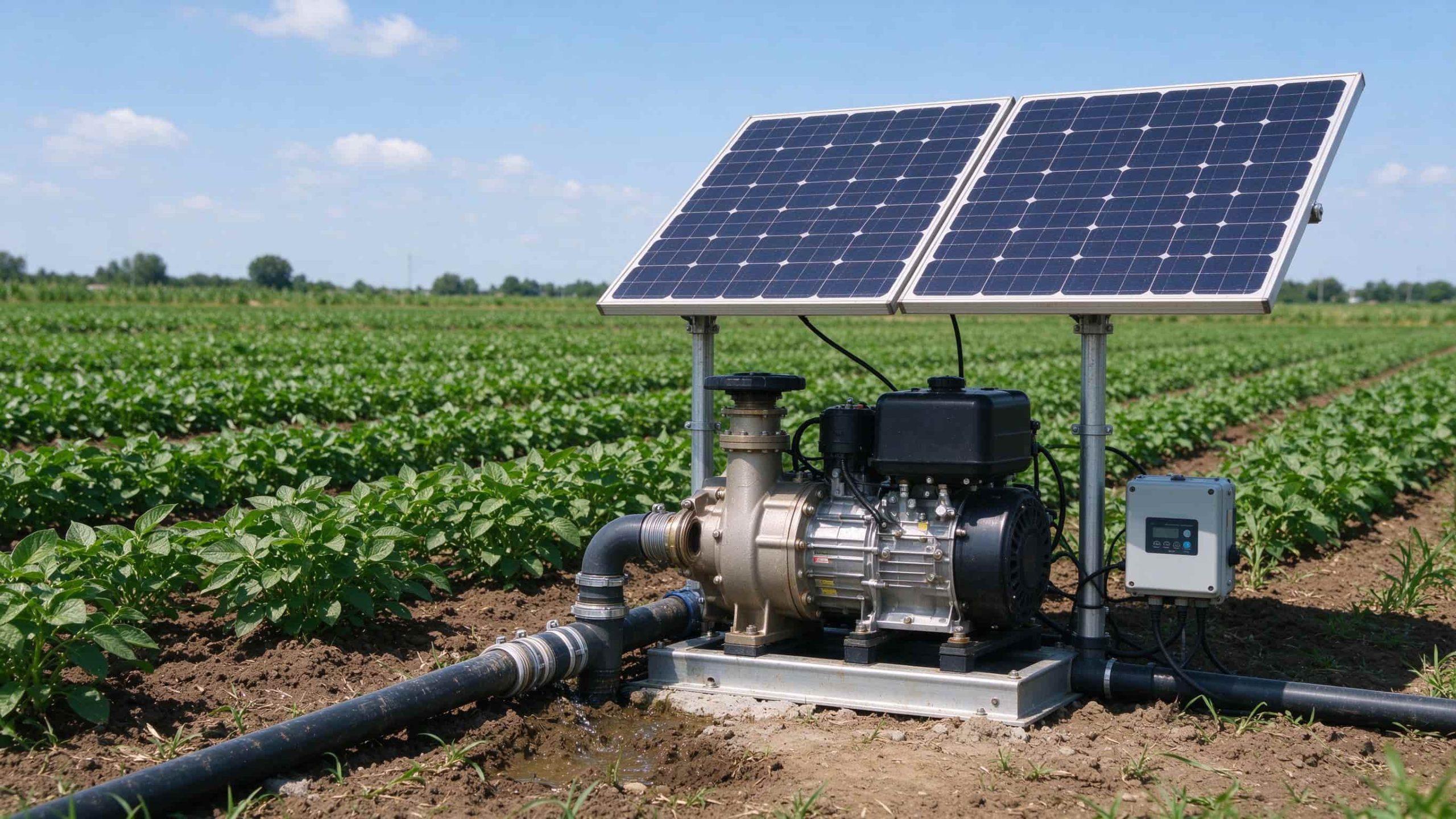 Solar-powered irrigation pump with small panel array feeding a crop row.