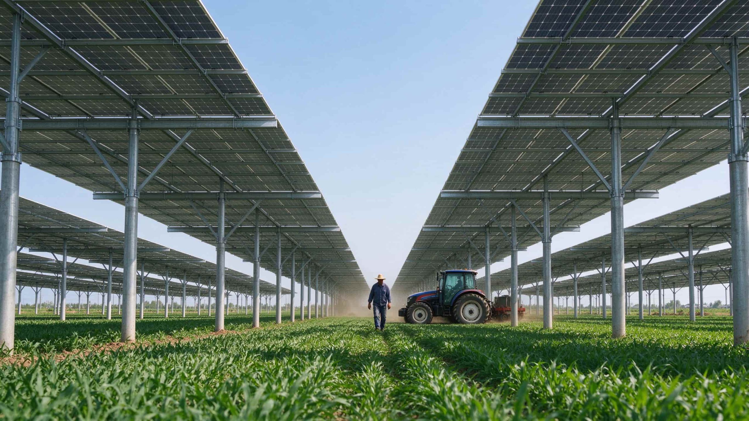 Elevated solar panels mounted high over a crop field with a farmer and tractor passing underneath.