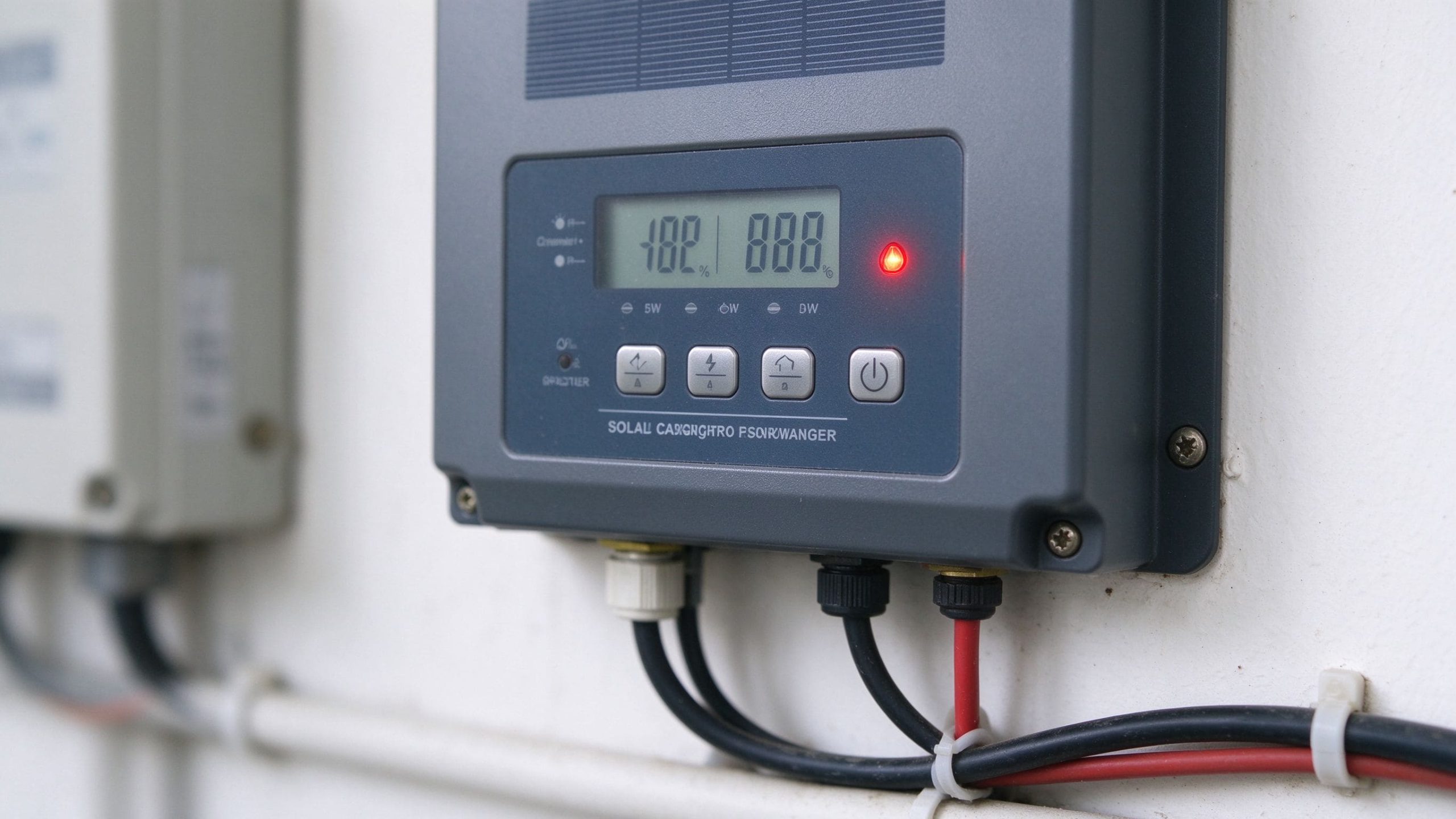 Close-up of a solar charge controller with a red warning LED lit on the front panel.