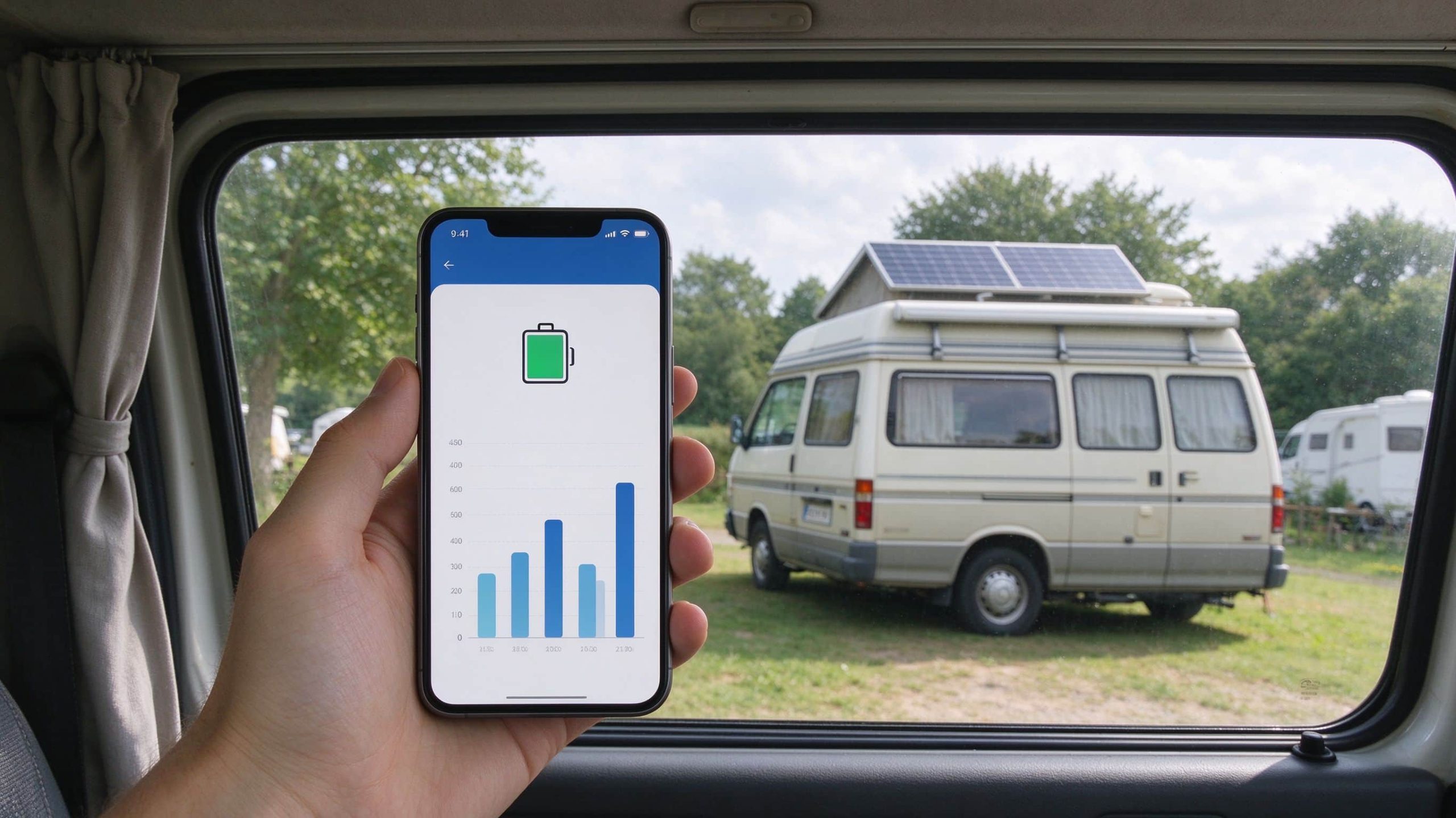 : Hand holding a smartphone showing solar monitoring app with the camper van visible through the window.