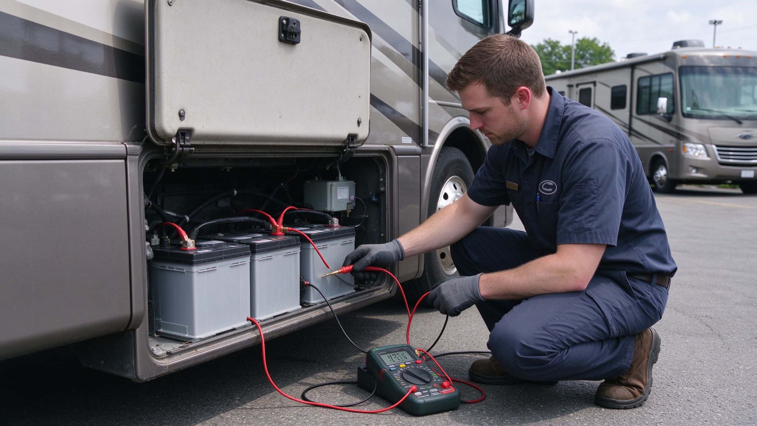 RV service technician kneeling by an open battery compartment using a multimeter to test a connection.