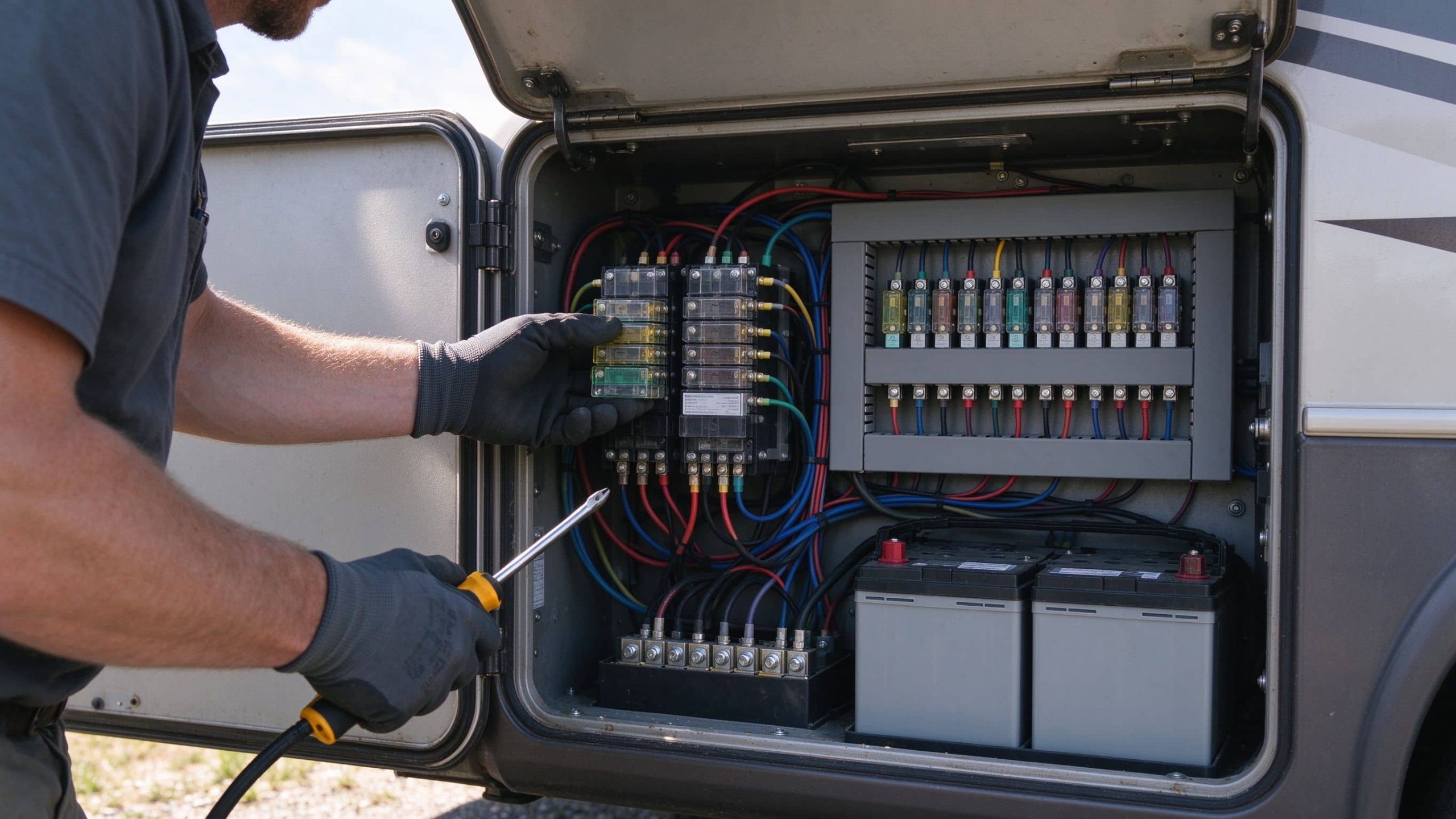  Person inspecting fuses, bus bars, and battery connections in an open RV electrical compartment.