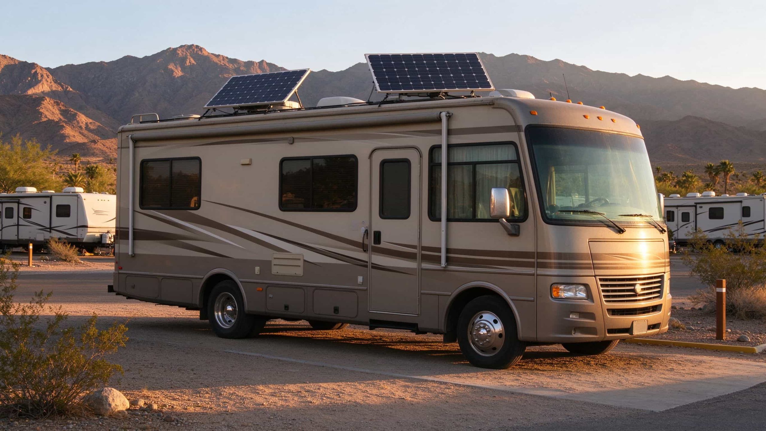 A Class C RV with two roof solar panels parked at a sunny desert campground with mountains behind