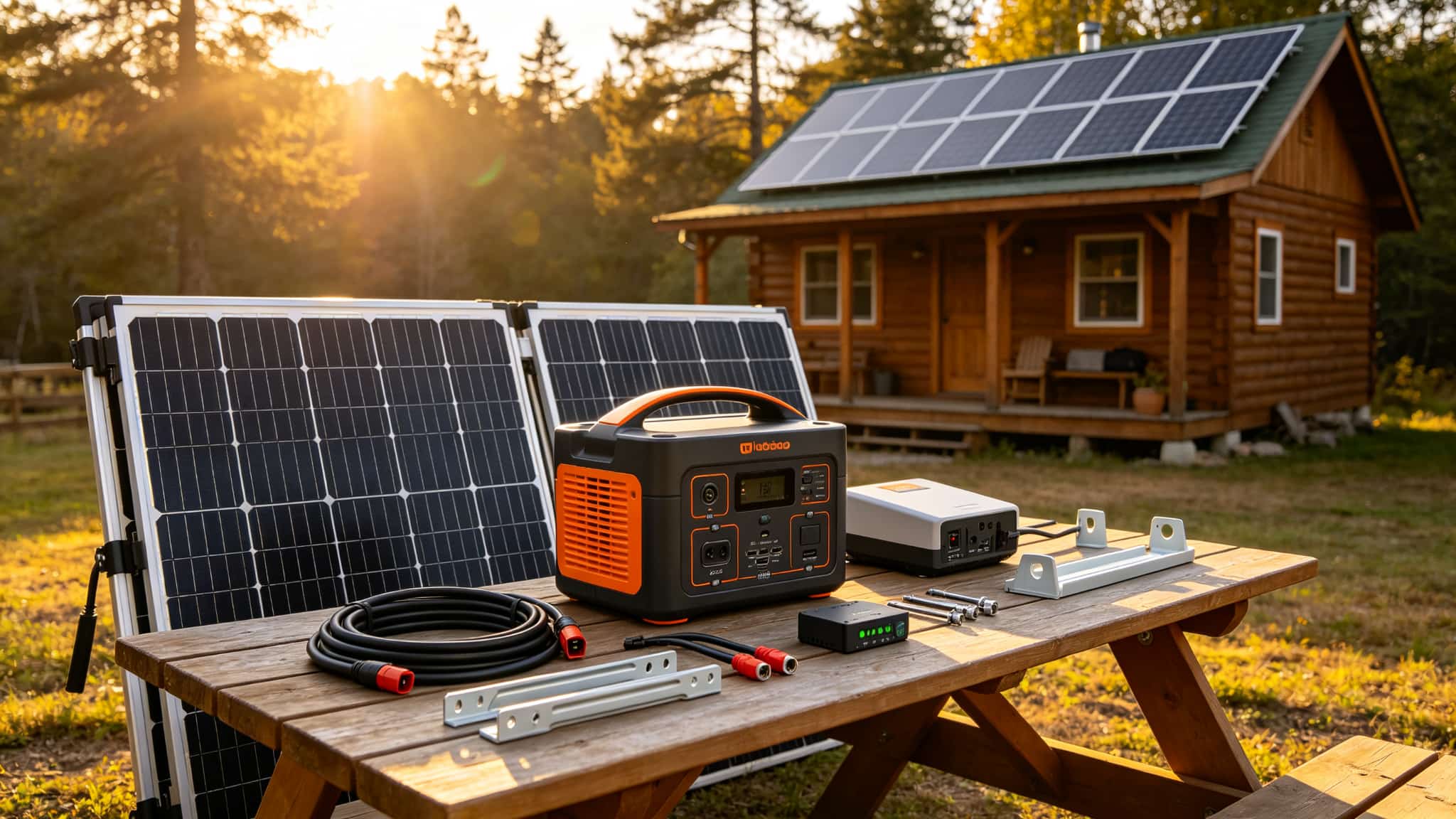 Folding solar panels and portable power station on a picnic table at a cabin