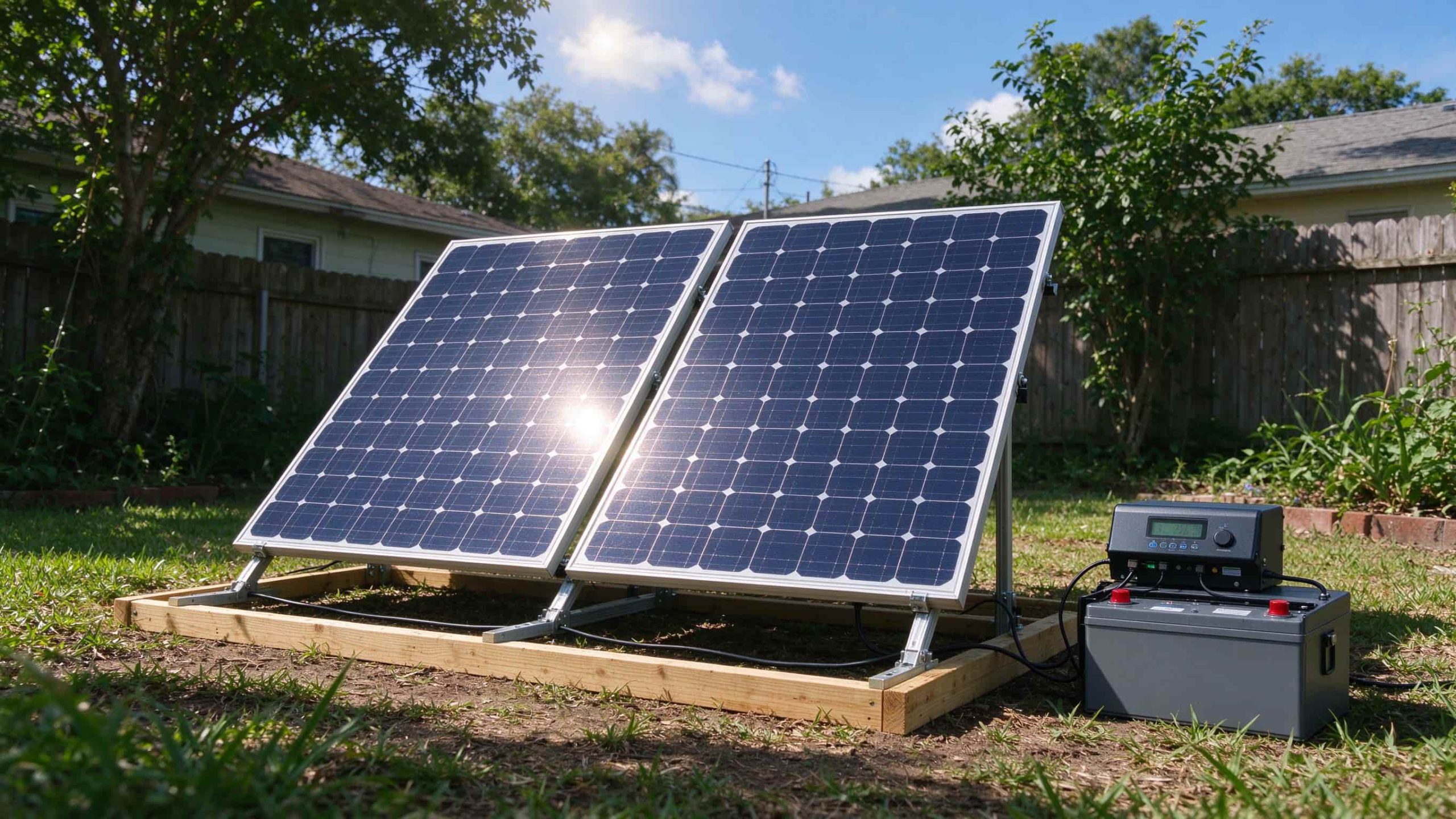 A complete DIY solar panel kit mounted on a wooden ground frame in a backyard with charge controller and battery box beside it