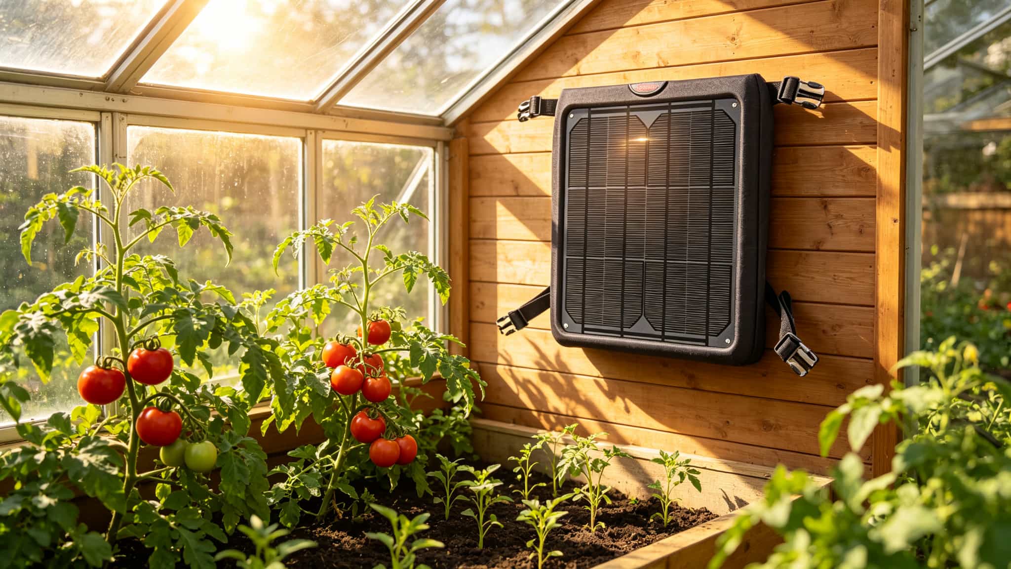 Solar-powered ventilation fan mounted inside a greenhouse