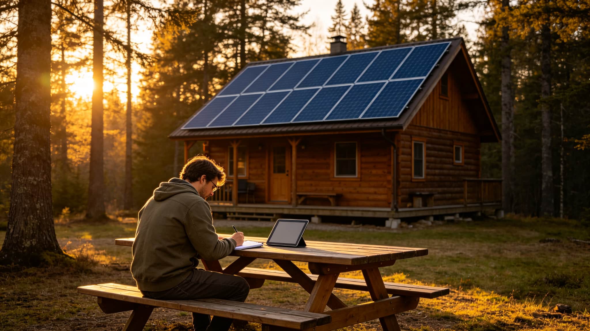 Hand writing notes on a table beside a tablet, with solar panels on a cabin roof glowing at sunset