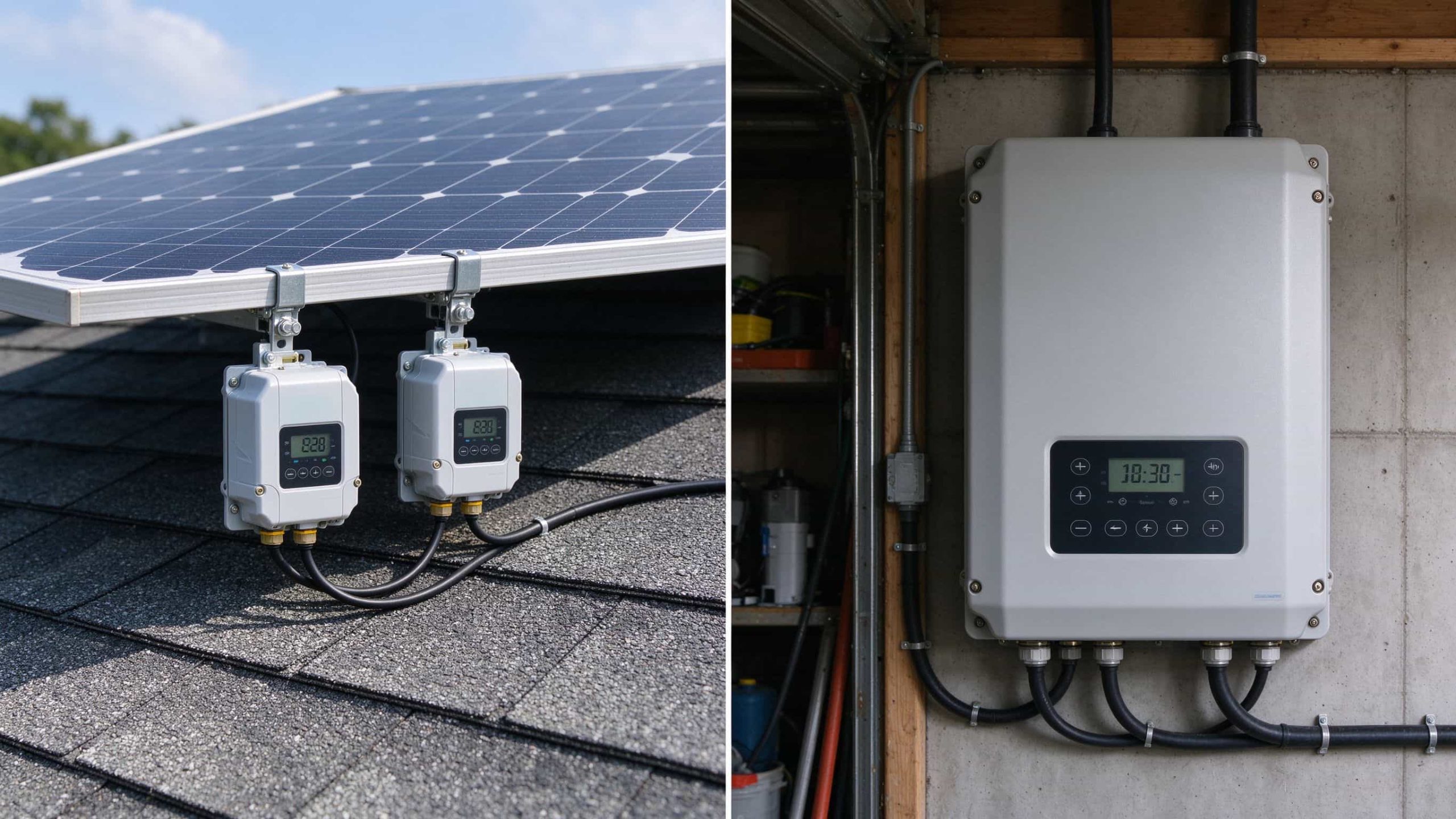 Residential rooftop in afternoon sun with solar panels and small micro inverters on the racking rail
