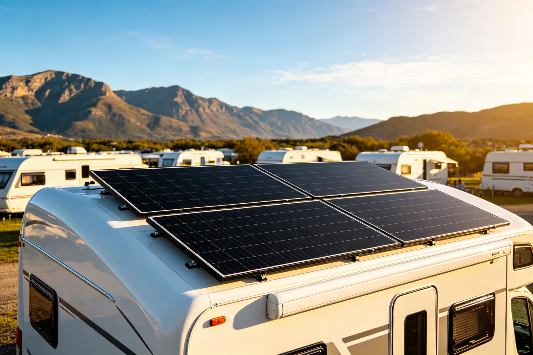 RV with rooftop solar panels at a mountain campsite