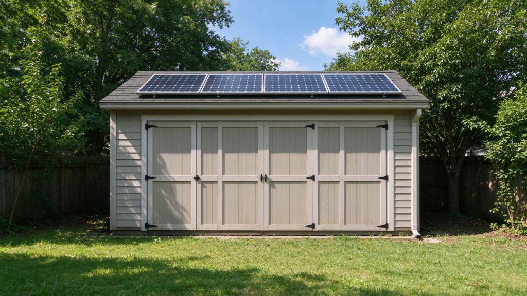 A small backyard storage shed with solar panels mounted on its sloped roof on a sunny day
