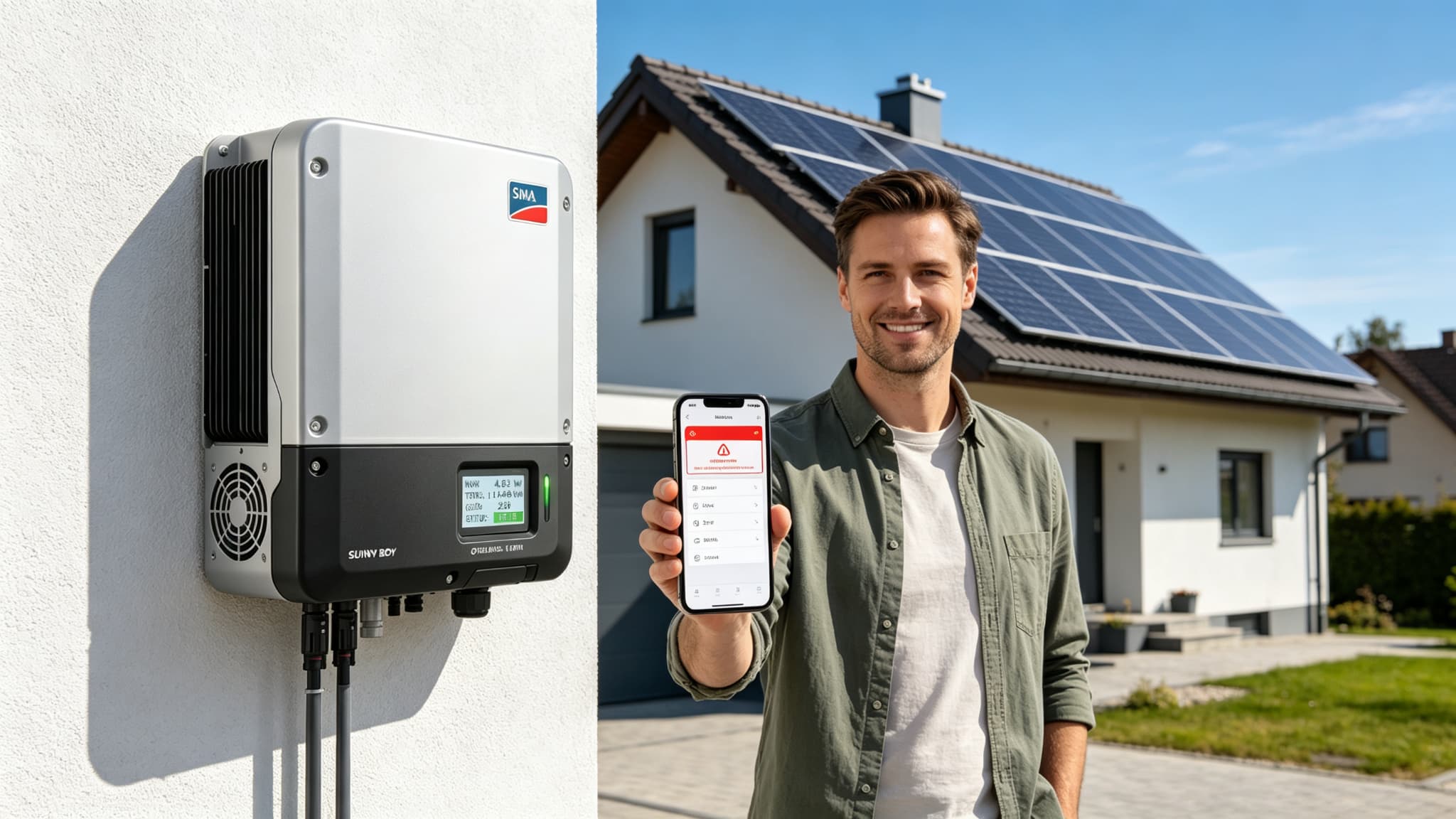 Homeowner monitoring a solar inverter from a smartphone