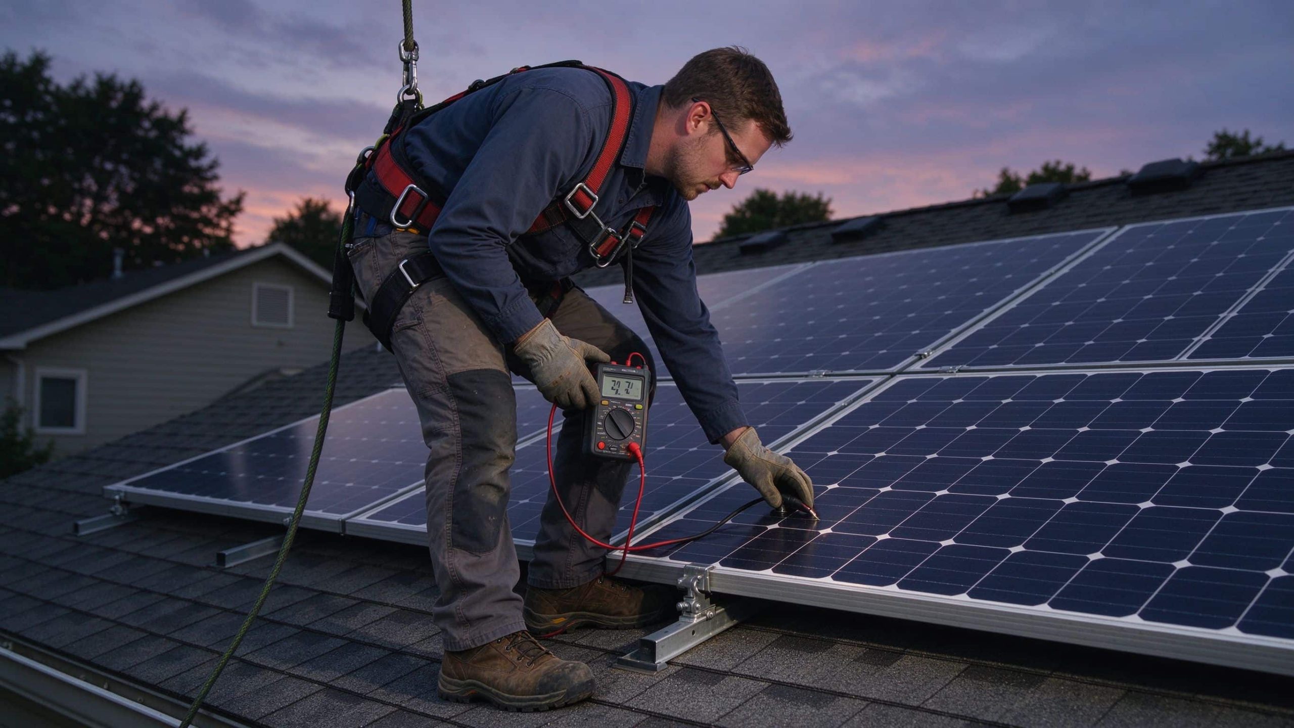A technician on a residential roof inspecting solar panels with a clamp multimeter at dusk