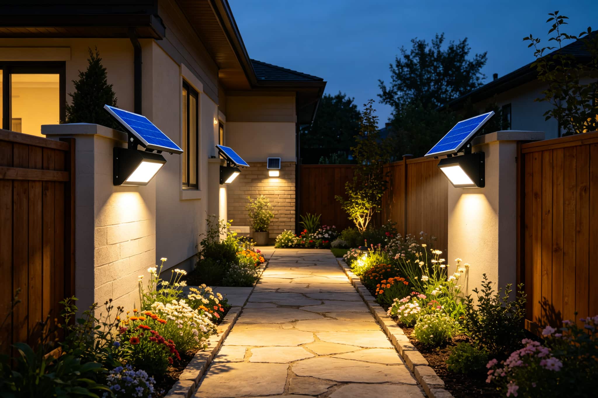 Sun powered garden lights illuminating a stone walkway and flower beds in a backyard at night
