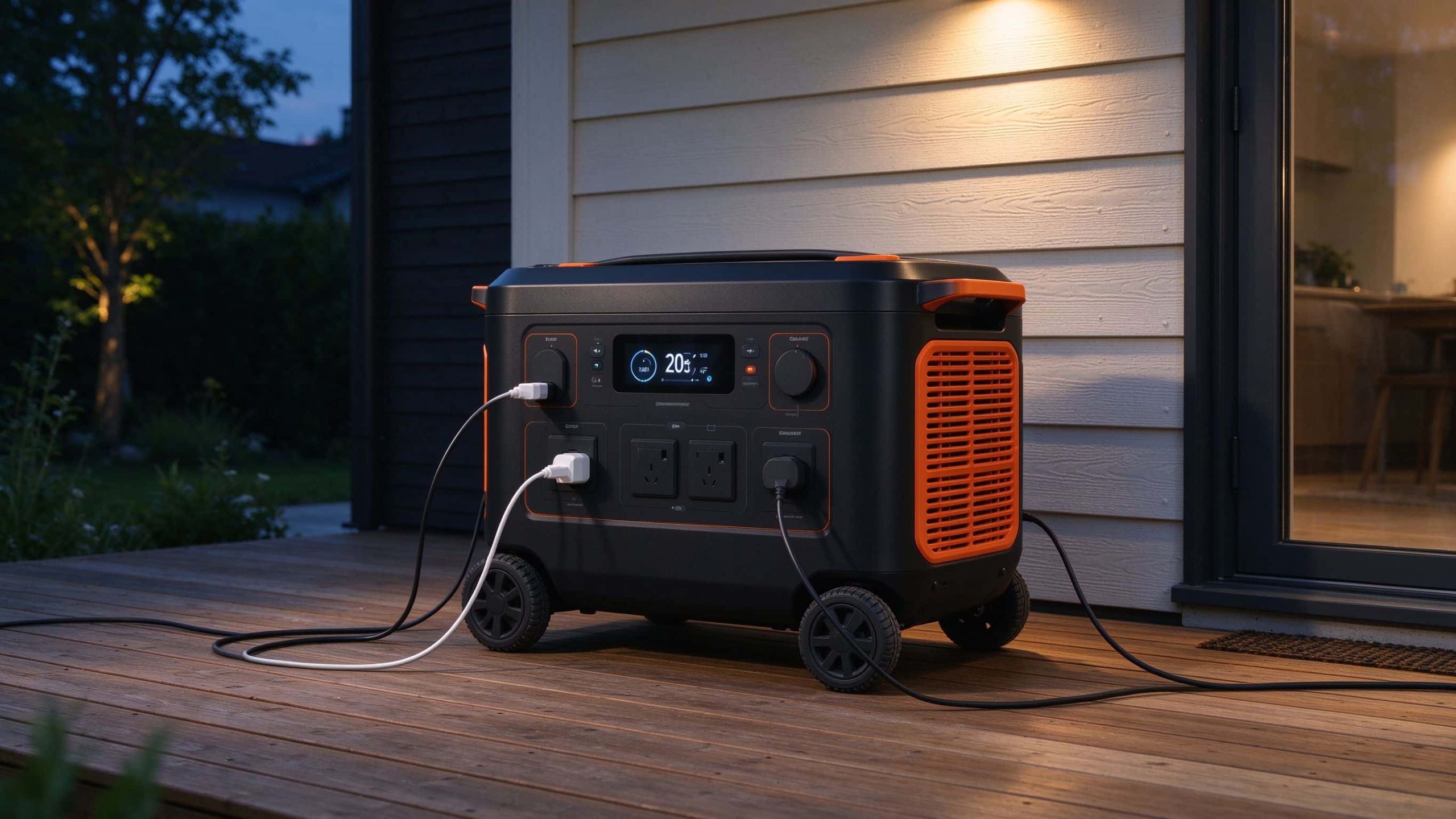 A black portable home battery power station with orange accents and wheels on a wooden patio outside a house