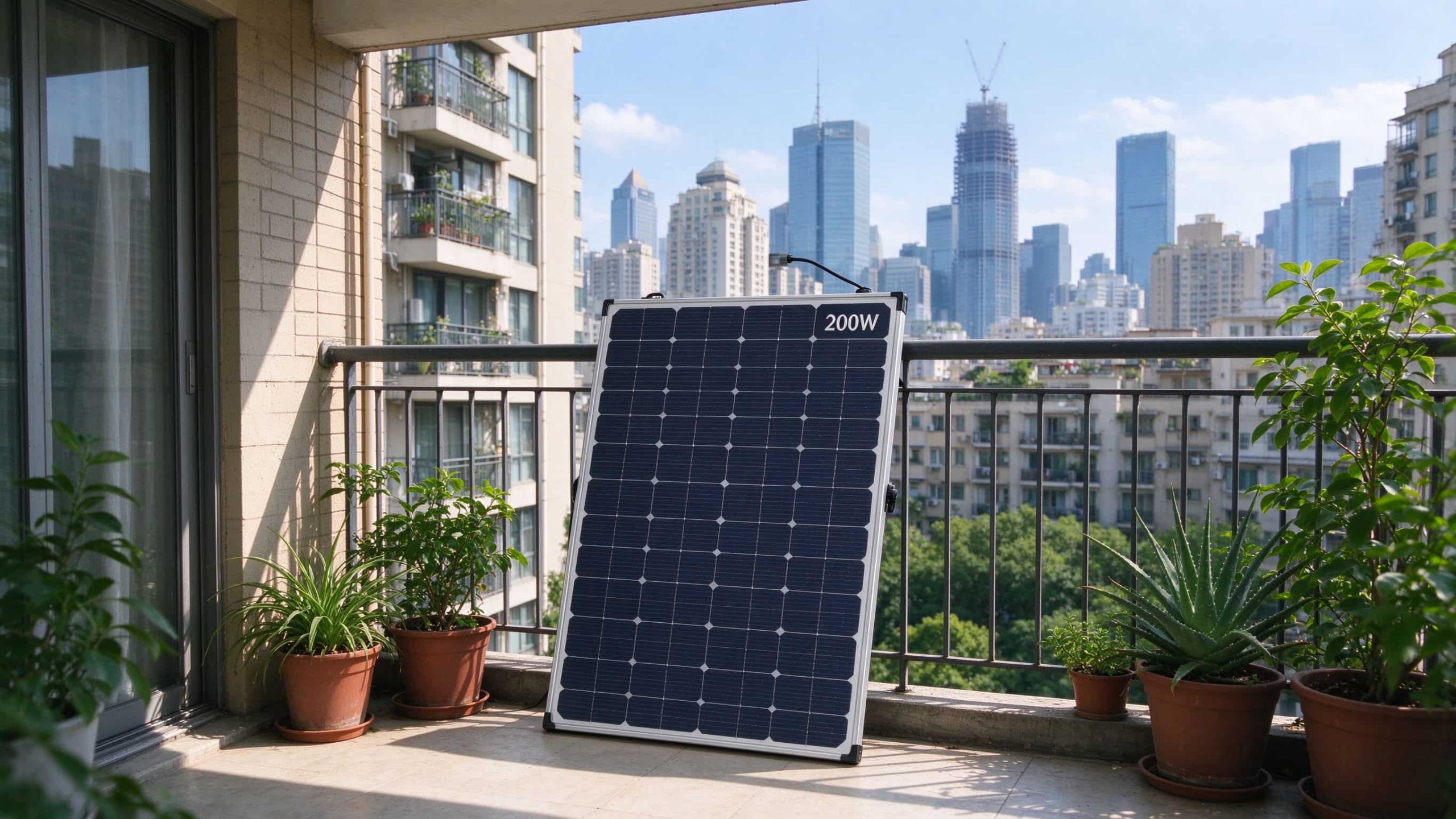 A 200W solar panel leaning against an apartment balcony railing with city skyline and potted plants
