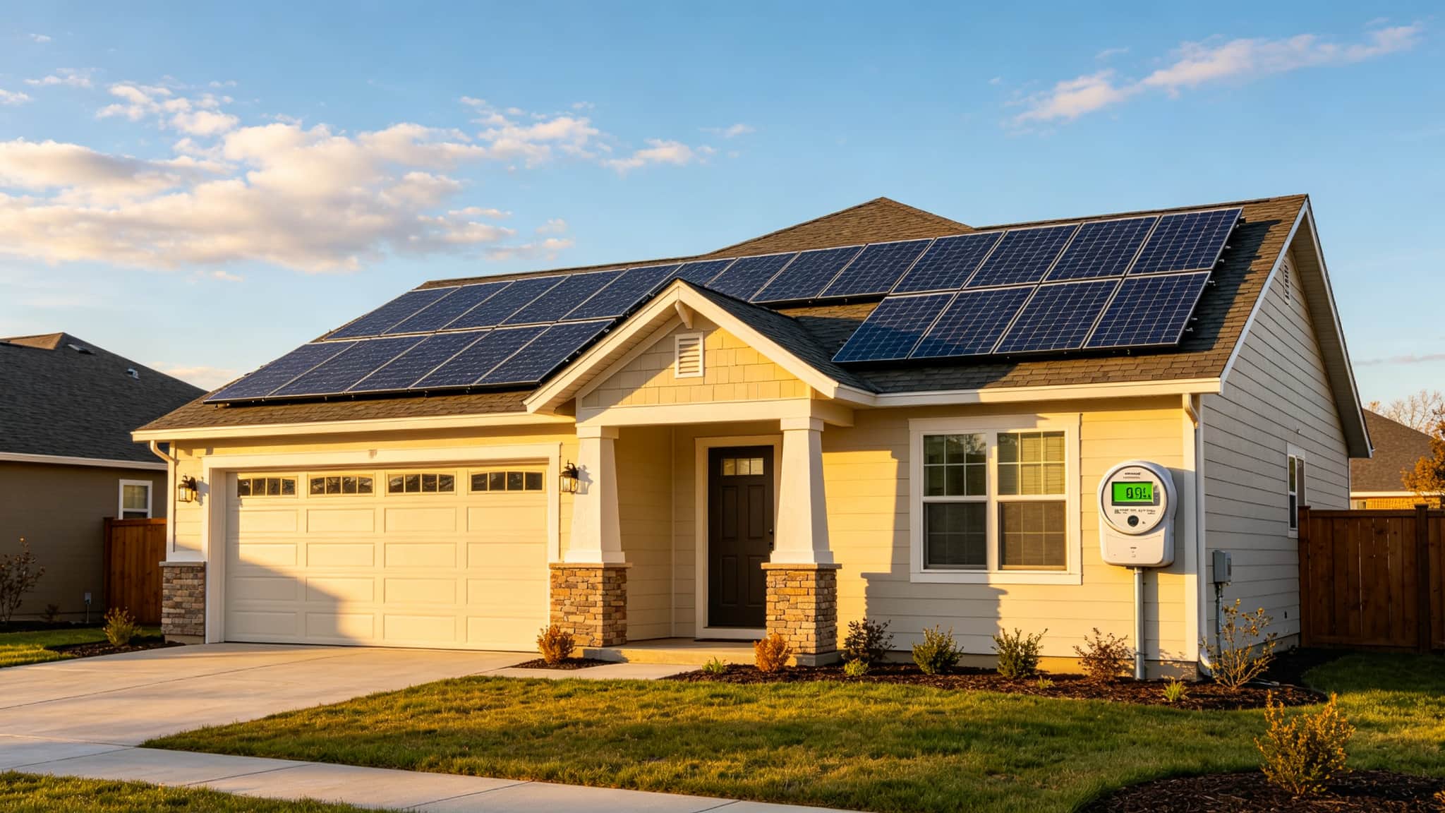 Modern suburban home with rooftop solar panel array on a sunny day with blue sky and smart energy meter