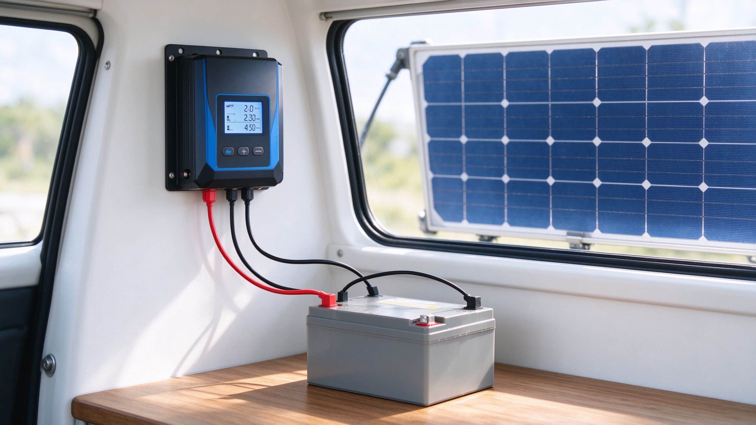 MPPT solar charge controller connected between a solar panel and battery in an off-grid setup