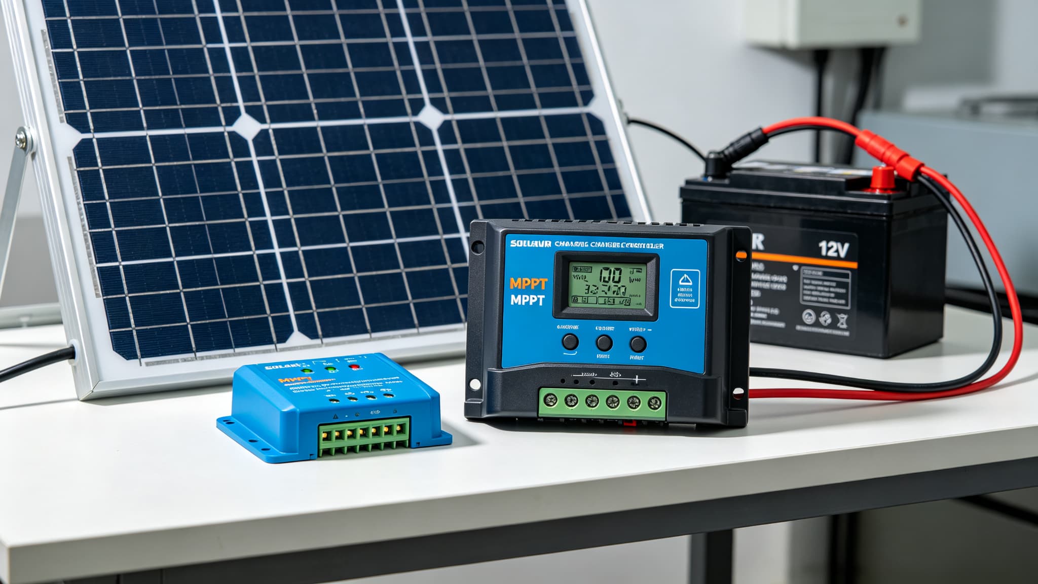 MPPT and PWM solar charge controllers side by side on a workbench, small blue PWM unit with LED lights next to larger MPPT unit with LCD display, solar panel and battery in background
