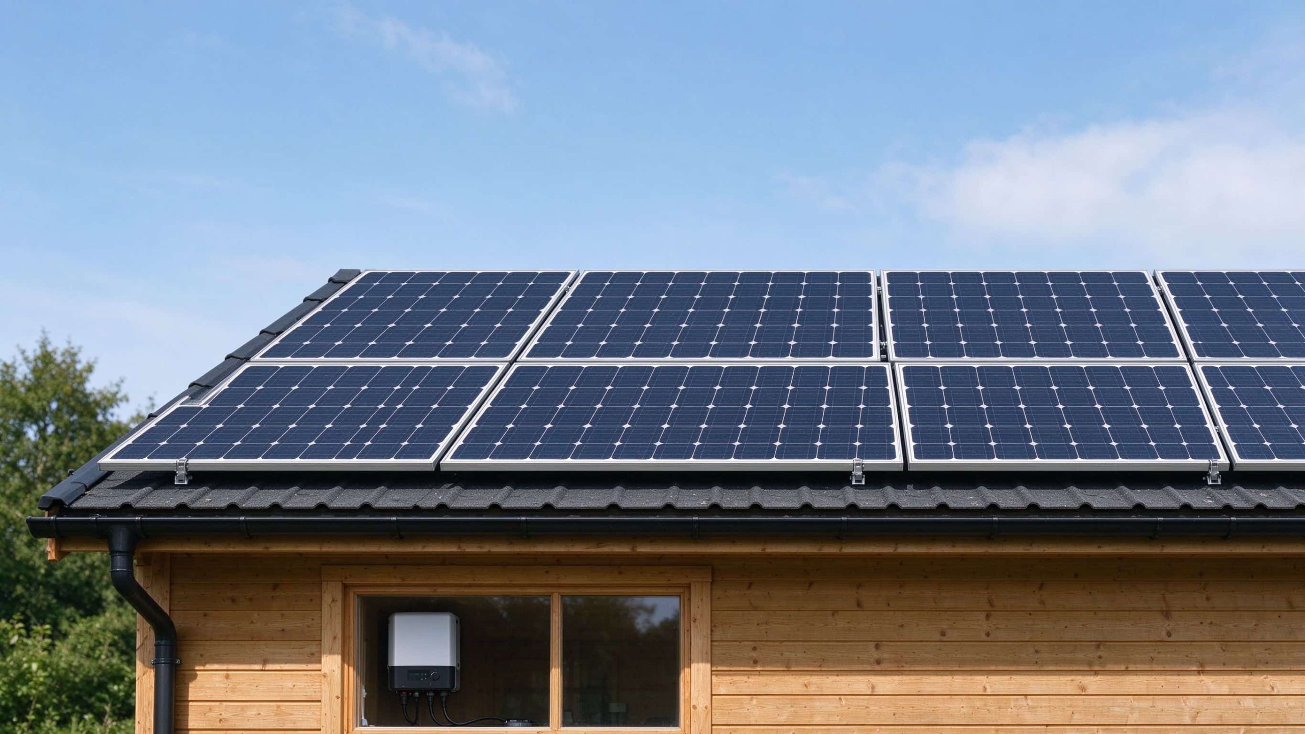 Off grid solar inverter installed in a wooden cabin with rooftop solar panel
