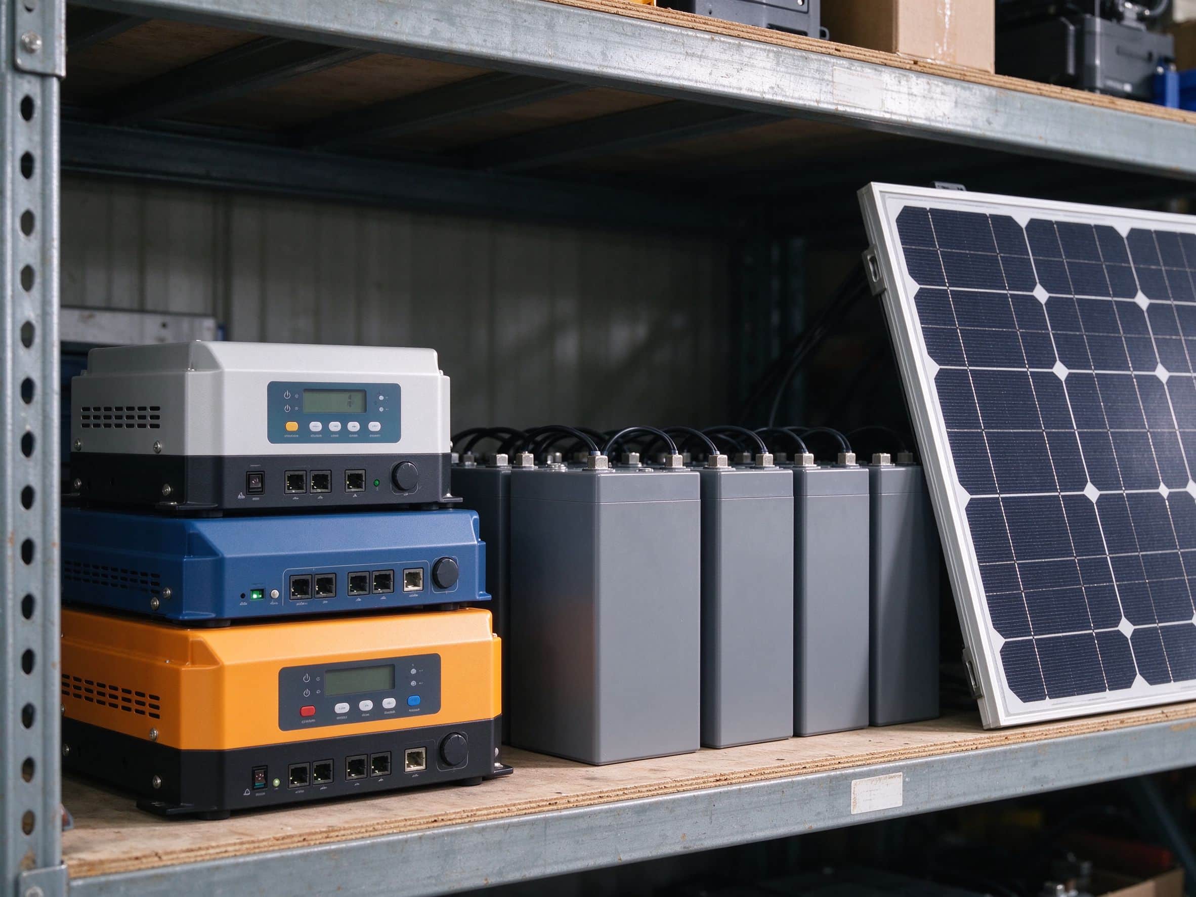 Solar product lineup on warehouse shelf with charge controllers lithium batteries and a folded solar panel.