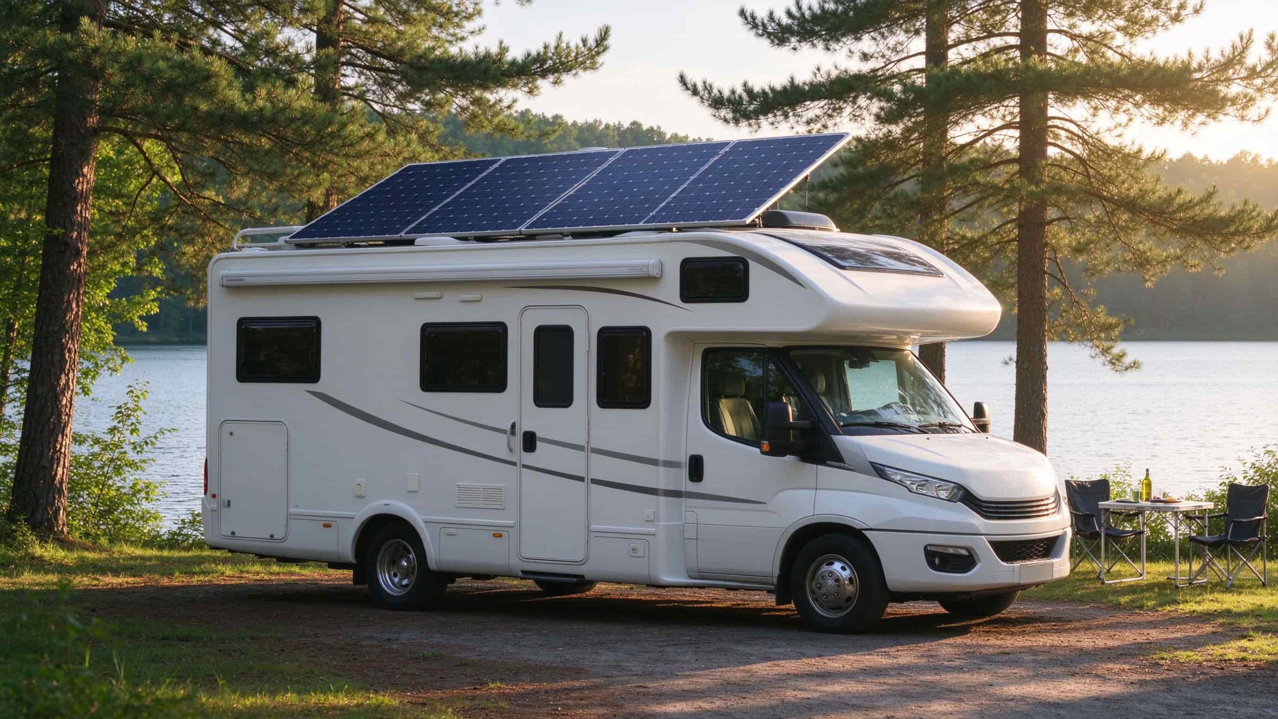RV solar for beginners: solar panels mounted on an RV roof at a campsite