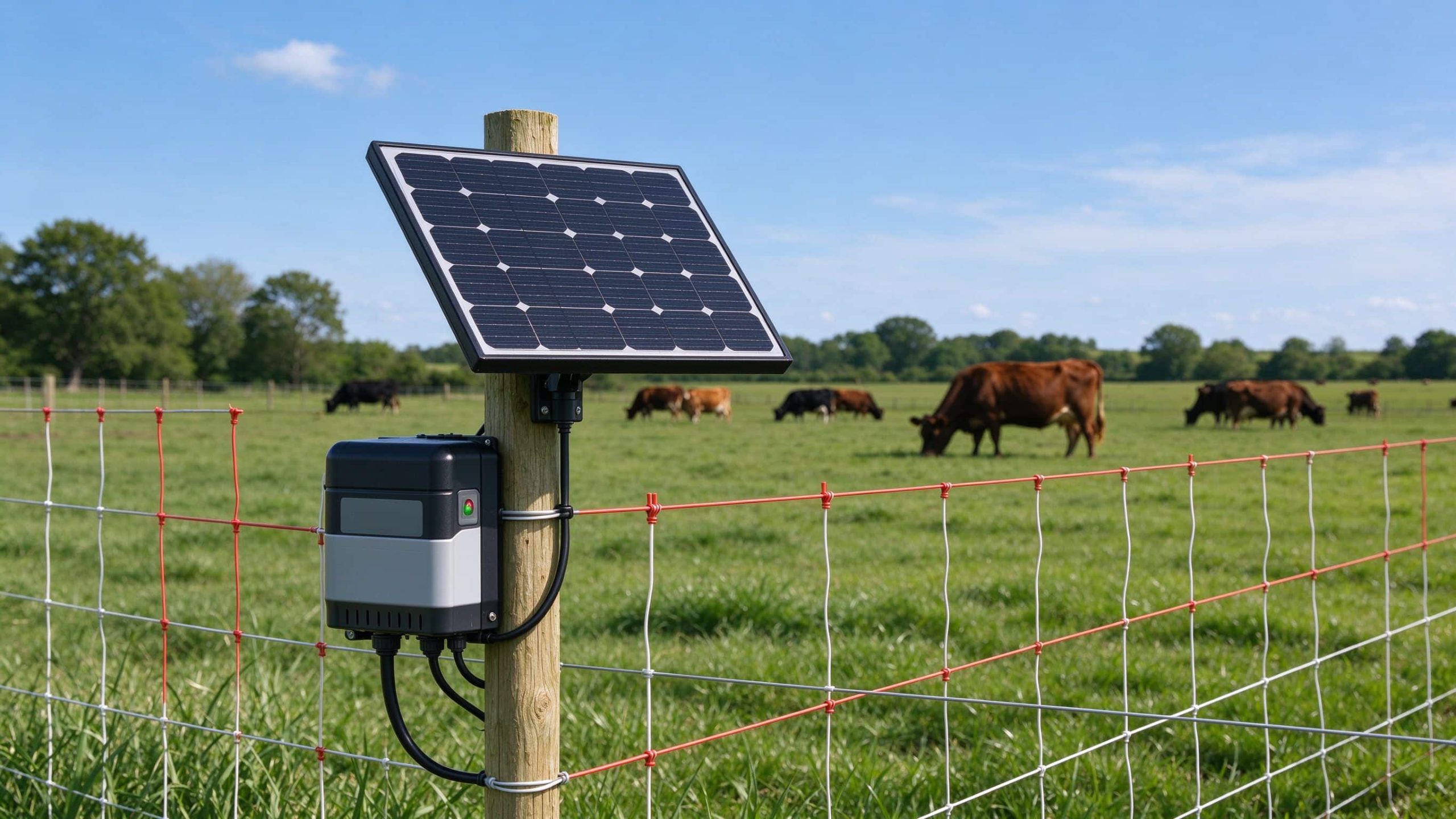 Solar for electric fence setup with panel on a wooden post and cattle grazing in a pasture
